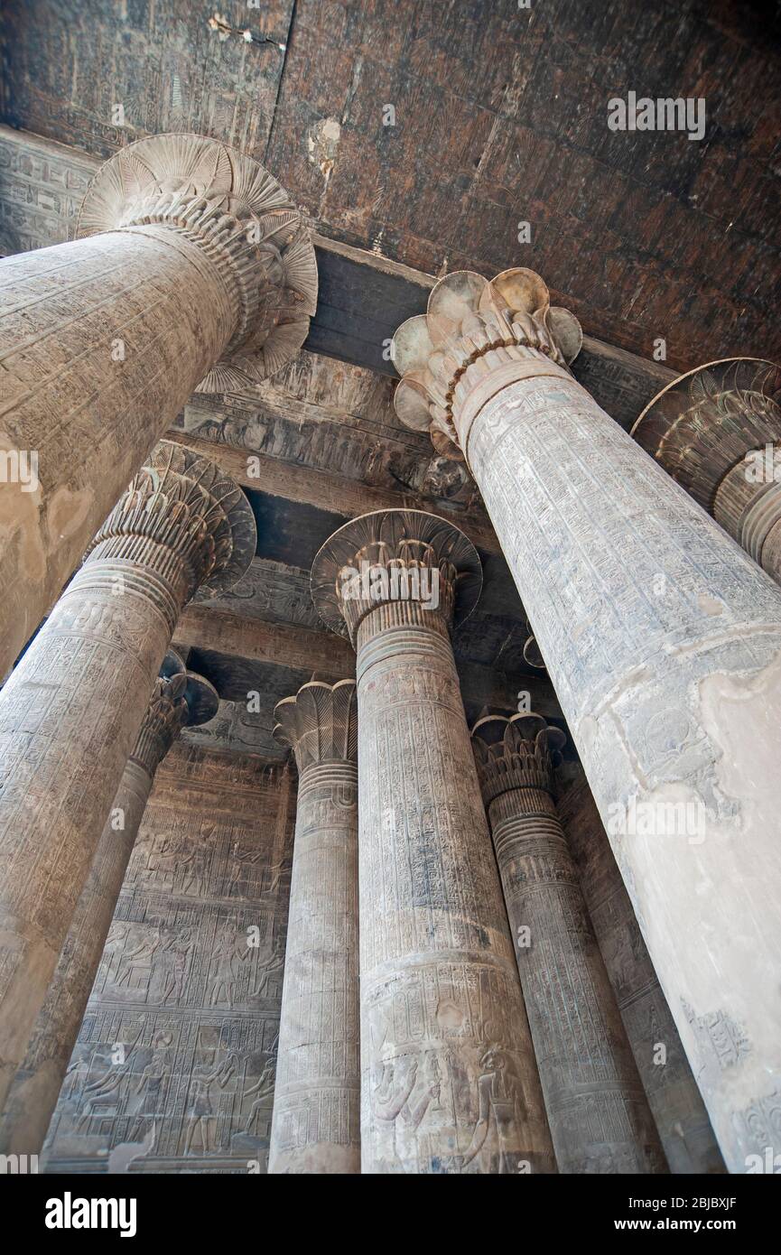 Sculture geroglifice su colonne presso l'antico Tempio egizio di Khnum a Esna Foto Stock