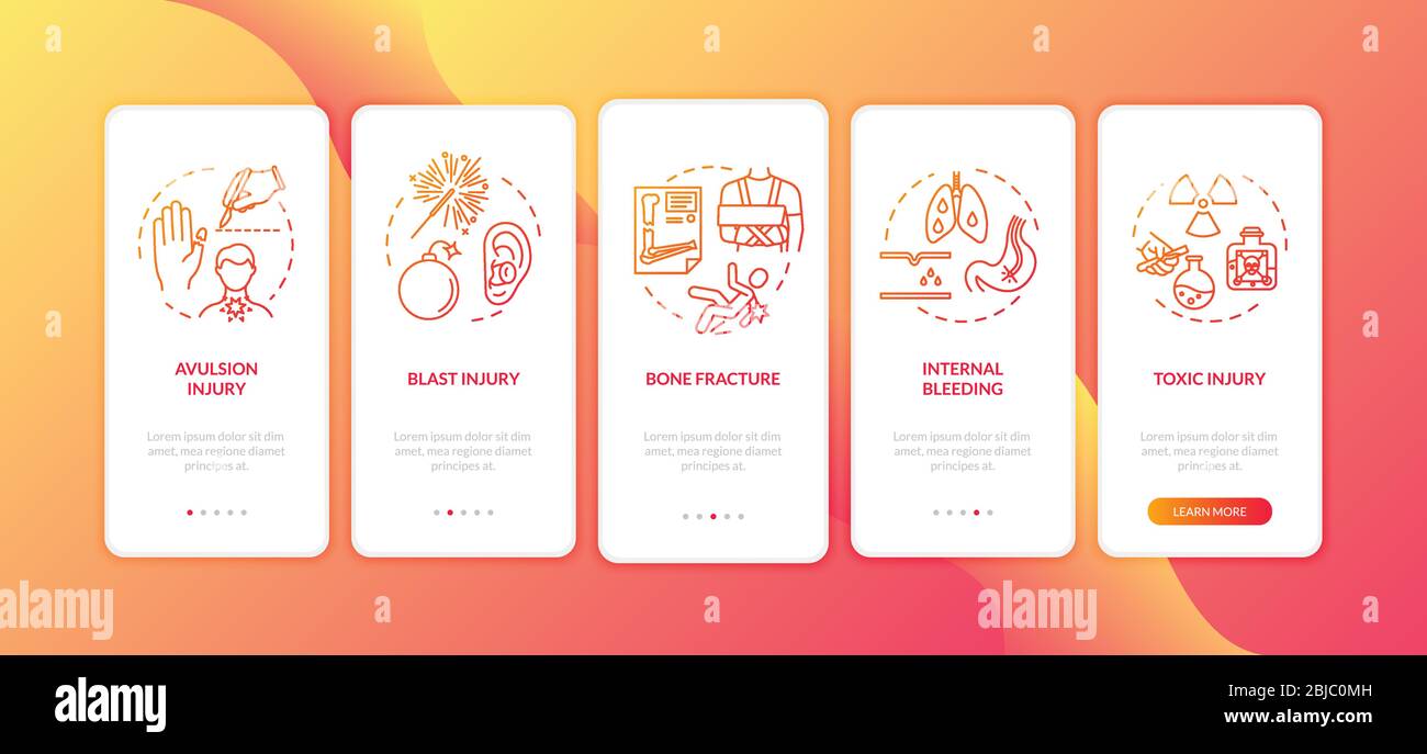 Traumatismo, avulsione e blast onboarding schermo di app mobile con concetti. Istruzioni grafiche in 5 fasi per la procedura dettagliata su fratture e lesioni tossiche. INTERFACCIA UTENTE Illustrazione Vettoriale