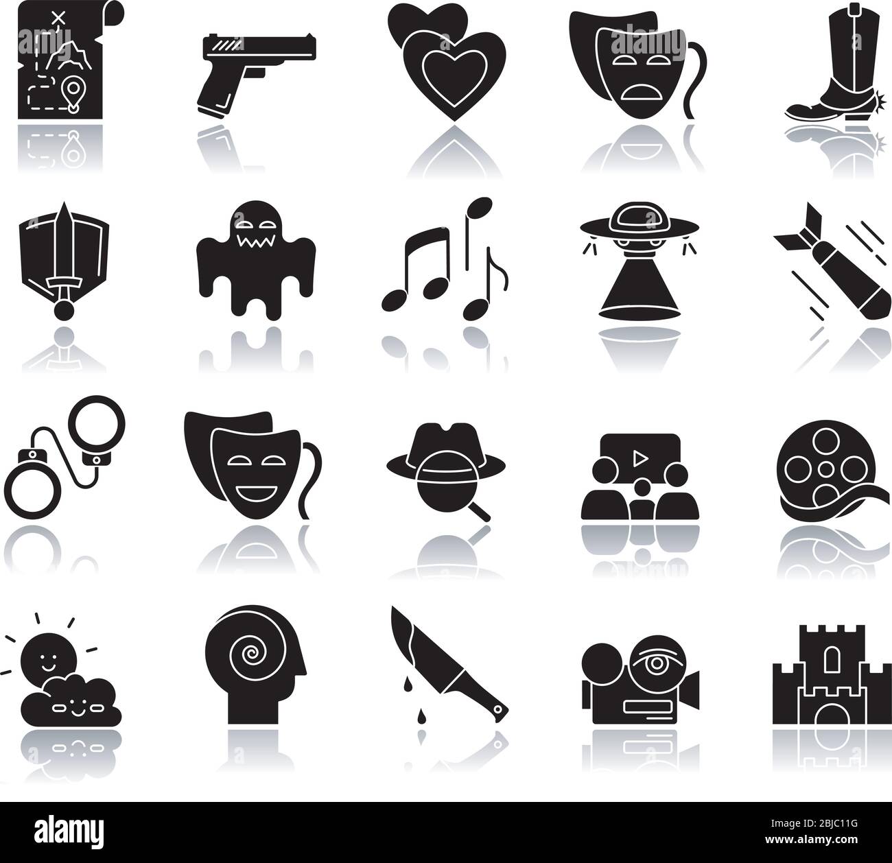 Generi di film ombra ombra ombra nero icone glifo impostato. Cinematografia, industria cinematografica, cinema. Diversi stili di film e programmi tv comuni Illustrazione Vettoriale