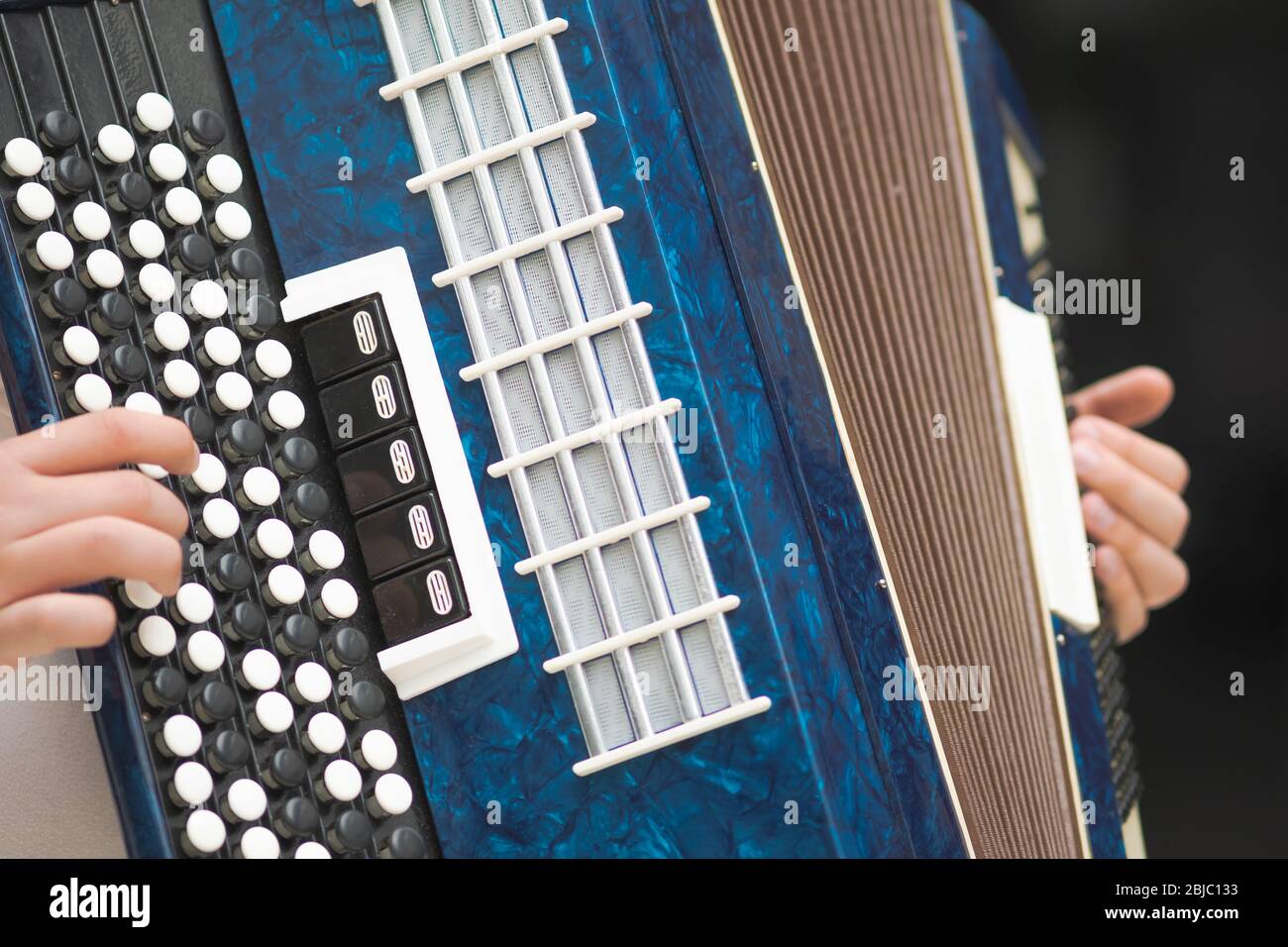 Fisarmonica nelle mani di un musicista, vista ravvicinata. Immagine di musica di strada, busker che suona un melodeon Foto Stock