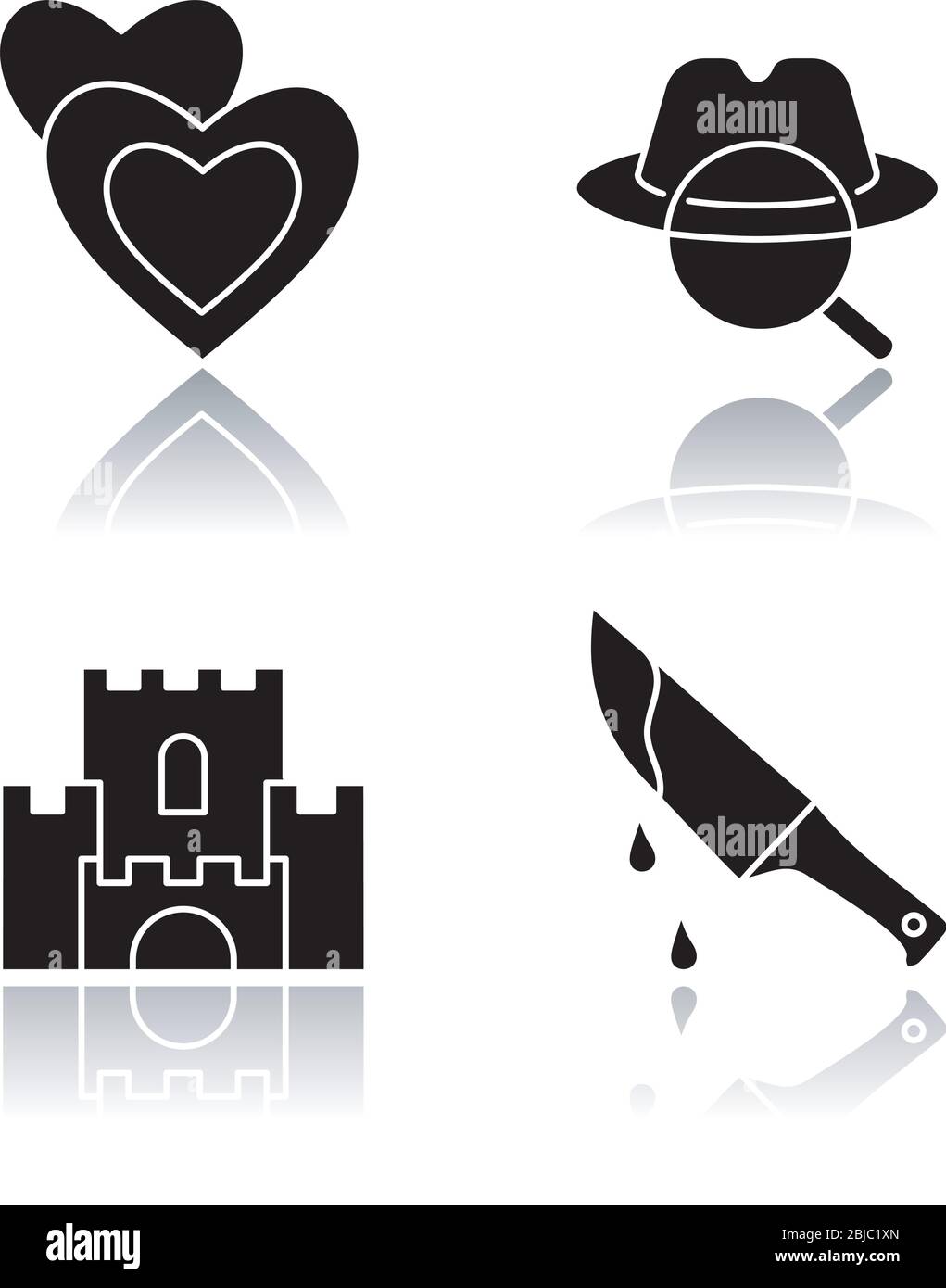 Tipi di film popolari drop shadow nero icone glifo set. Film romantici, mistero detective, fantasia e thriller. Generi cinematografici diversi Illustrazione Vettoriale