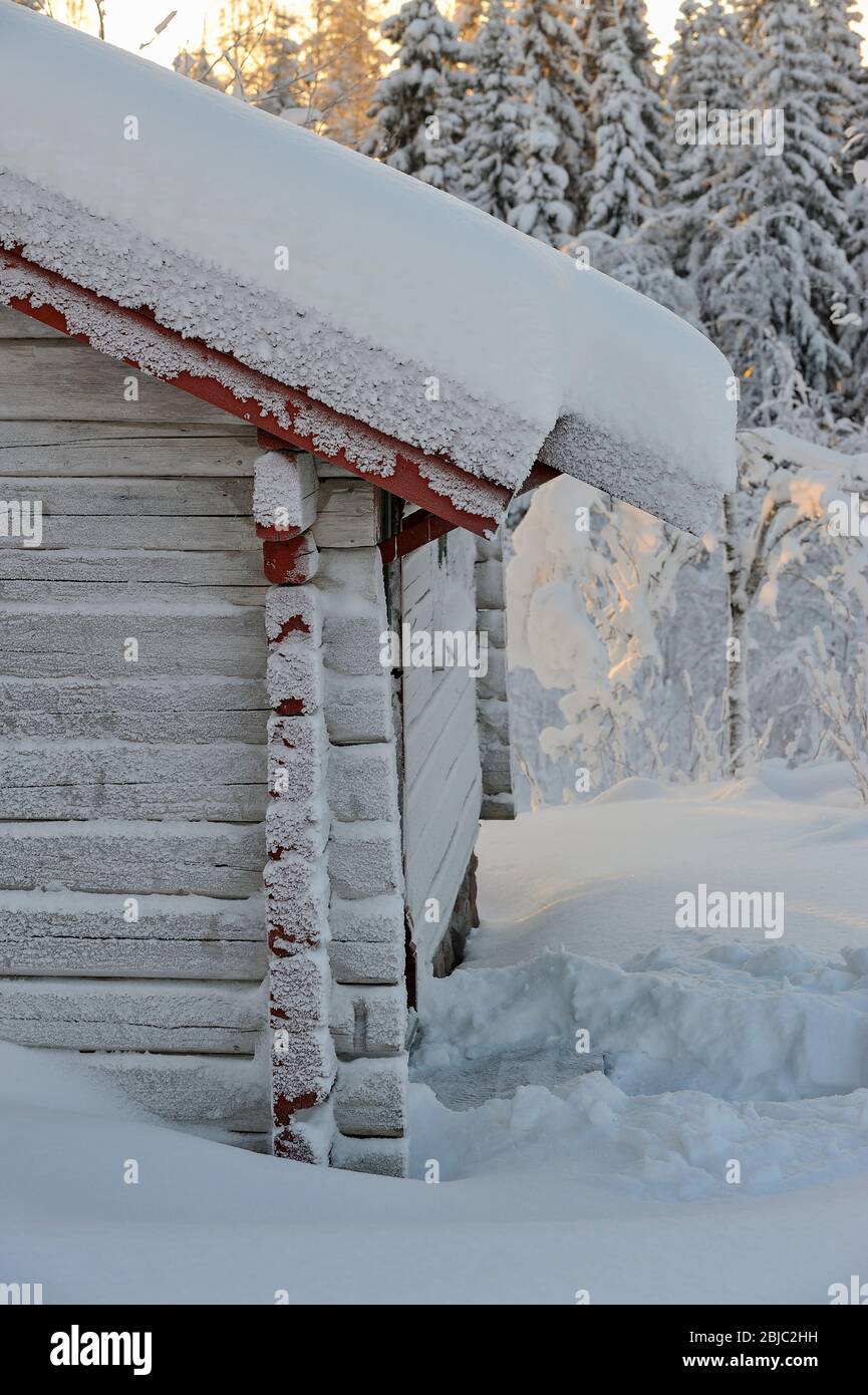 Rimy e snowy log-house, Boda kyrkby, Rättvik, Dalarna, Svezia Foto Stock