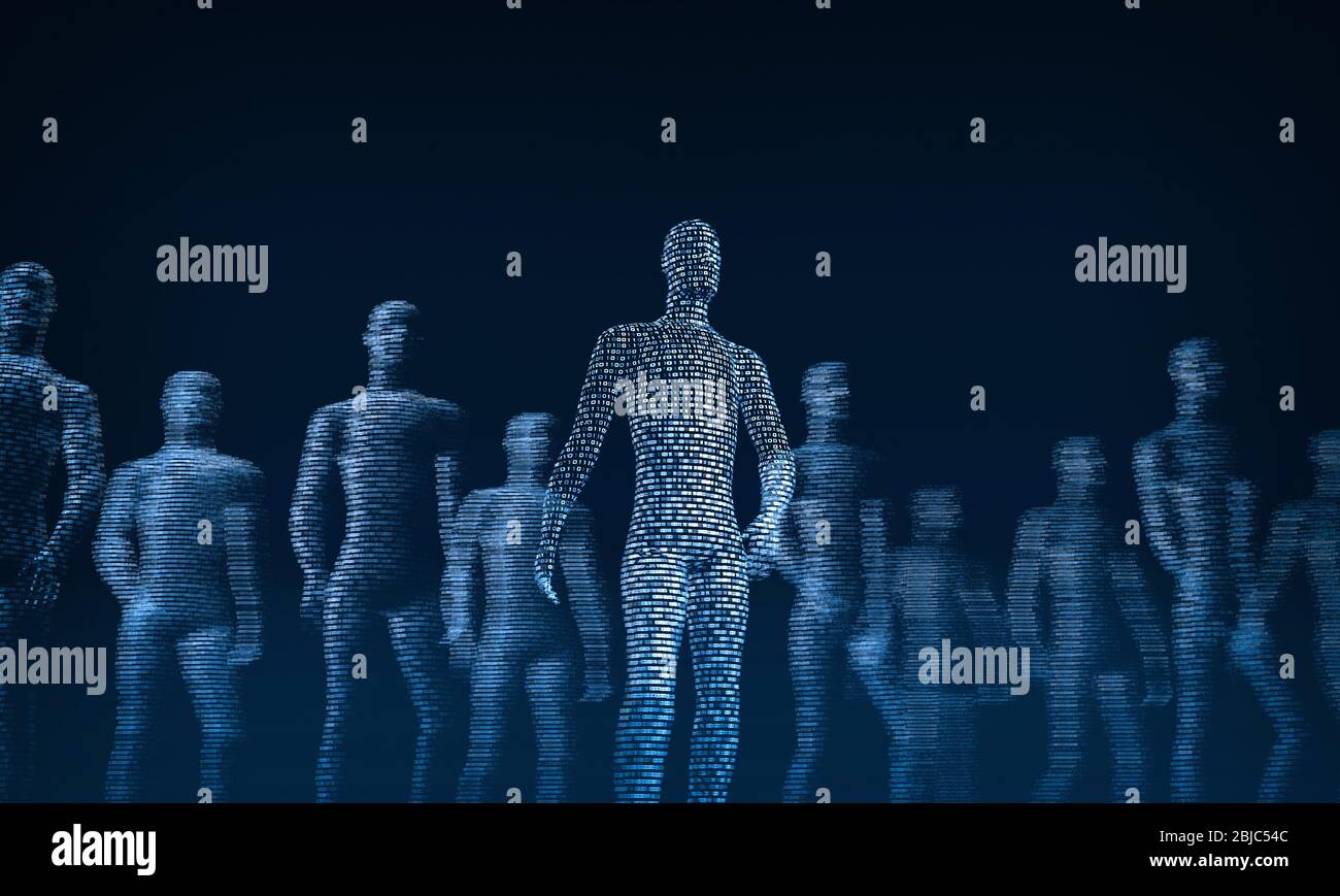 Corpi umani fatti di uno e zeri. Il concetto di simbiosi dell'uomo e della tecnologia. rendering 3d Foto Stock