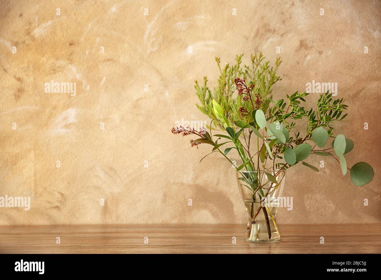 Composizione delle piante in vaso di vetro sul tavolo in camera Foto Stock