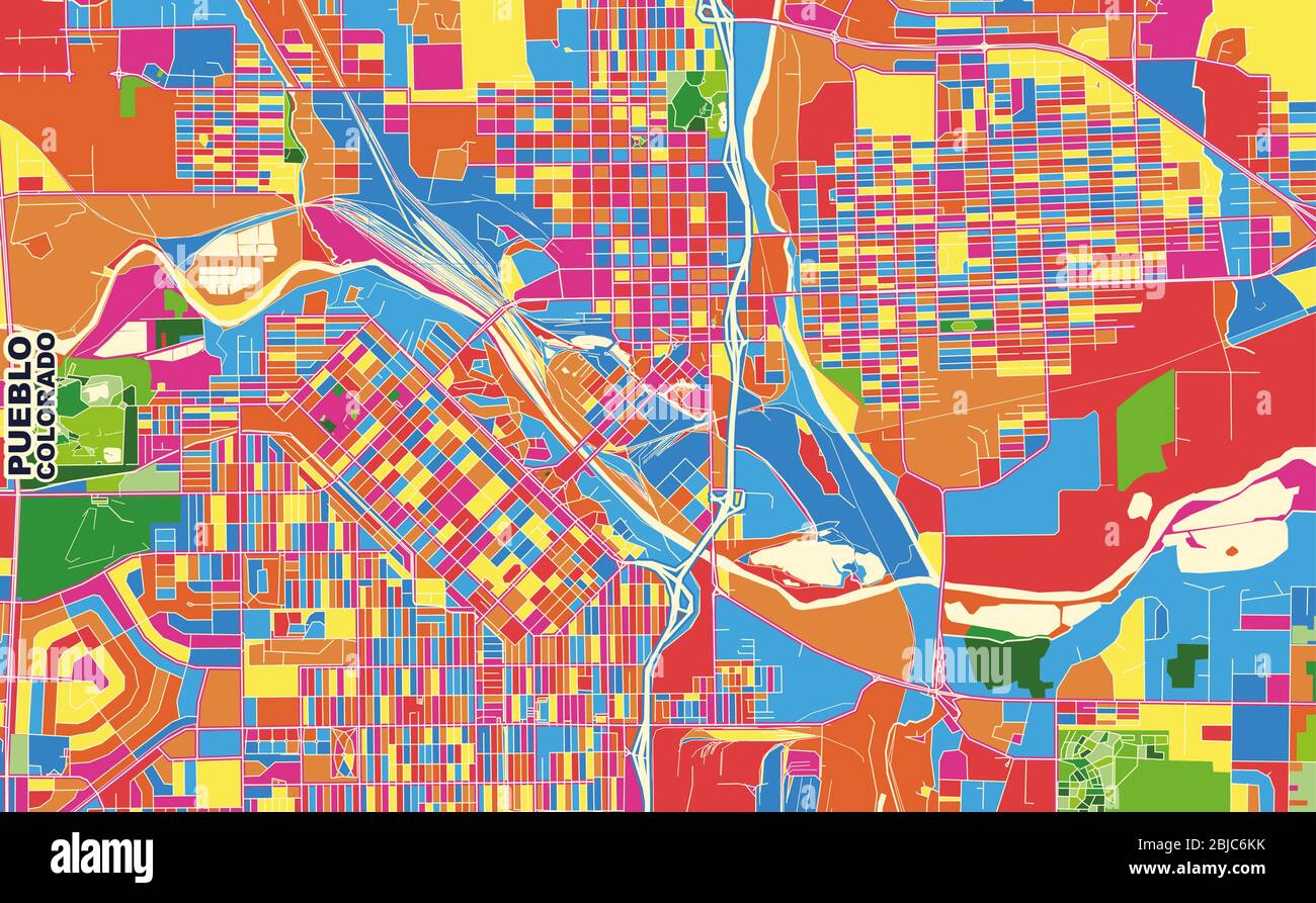 Mappa vettoriale colorata di Pueblo, Colorado, USA. Modello Art Map per autostampare opere d'arte murali in formato orizzontale. Illustrazione Vettoriale