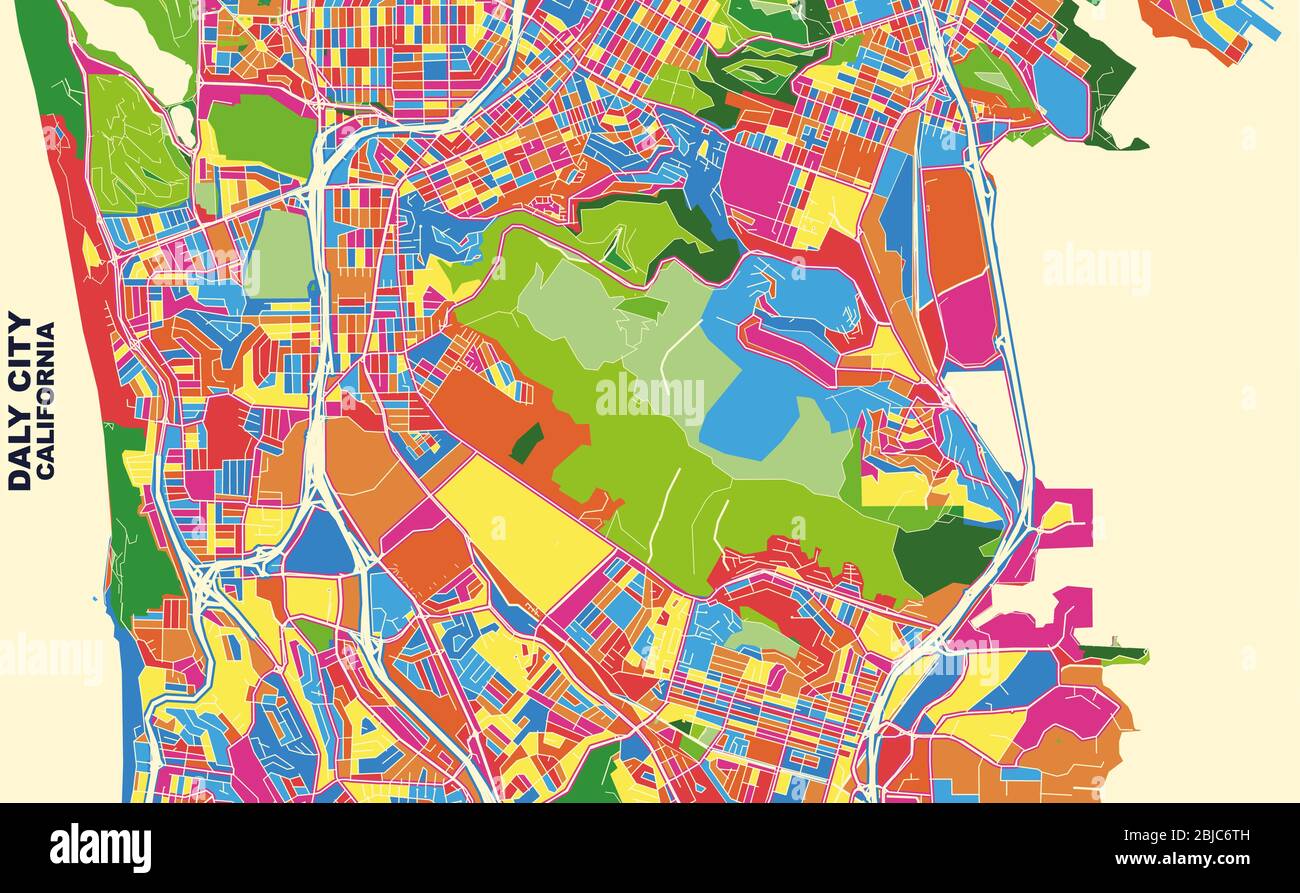 Mappa vettoriale colorata di Daly City, California, USA. Modello Art Map per autostampare opere d'arte murali in formato orizzontale. Illustrazione Vettoriale
