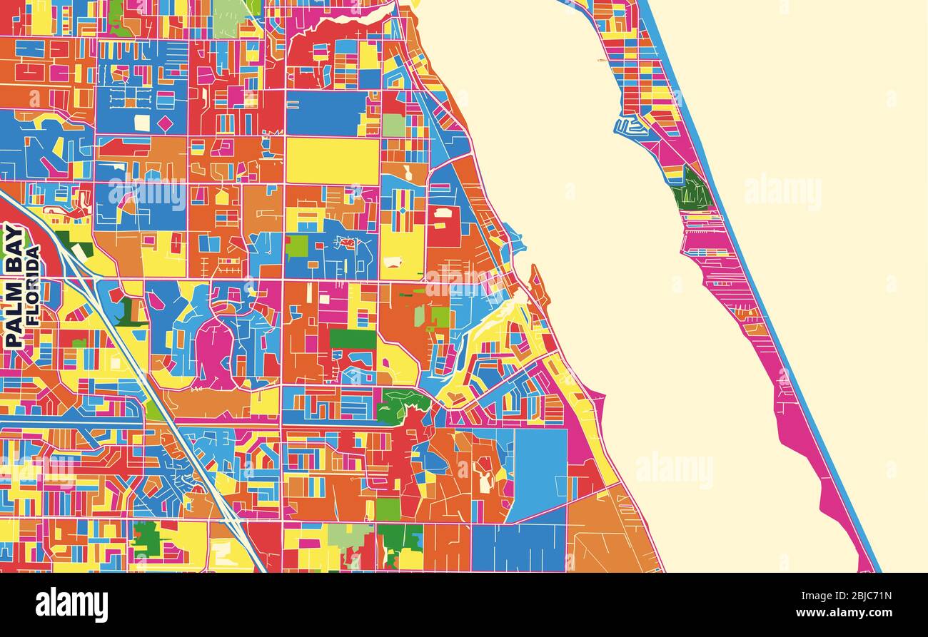 Mappa vettoriale colorata di Palm Bay, Florida, USA. Modello Art Map per autostampare opere d'arte murali in formato orizzontale. Illustrazione Vettoriale