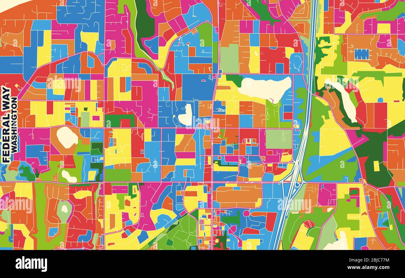Mappa vettoriale colorata di Federal Way, Washington, USA. Modello Art Map per autostampare opere d'arte murali in formato orizzontale. Illustrazione Vettoriale