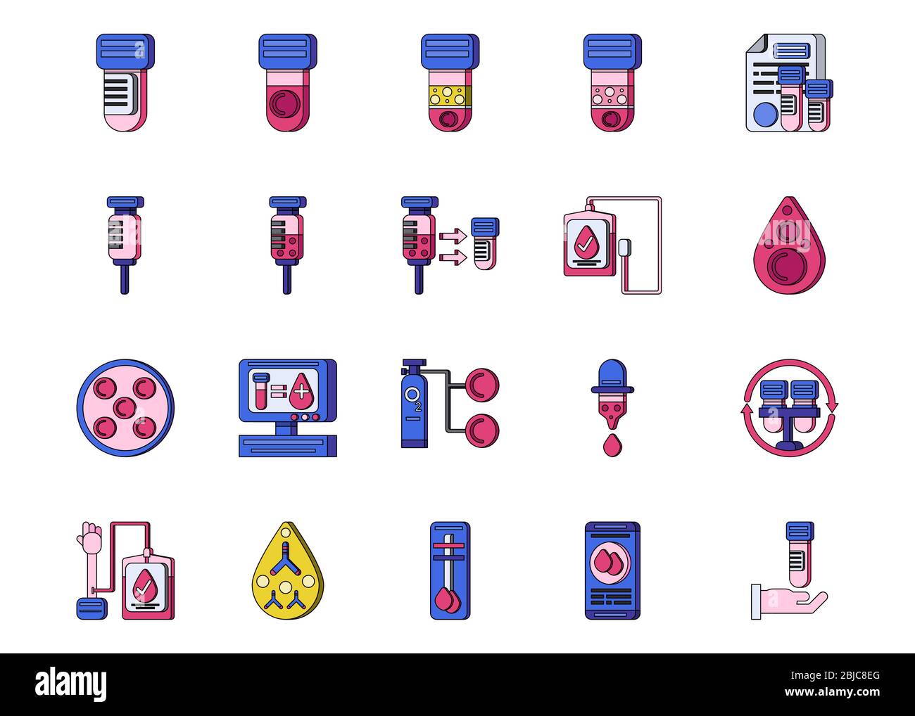 20 disegno icona colore contorno di ematologia medica e scienza della salute su sfondo bianco. Illustrazione Vettoriale