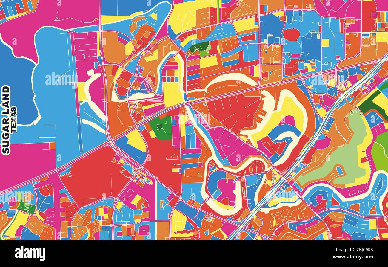 Mappa vettoriale colorata di Sugar Land, Texas, USA. Modello Art Map per autostampare opere d'arte murali in formato orizzontale. Illustrazione Vettoriale