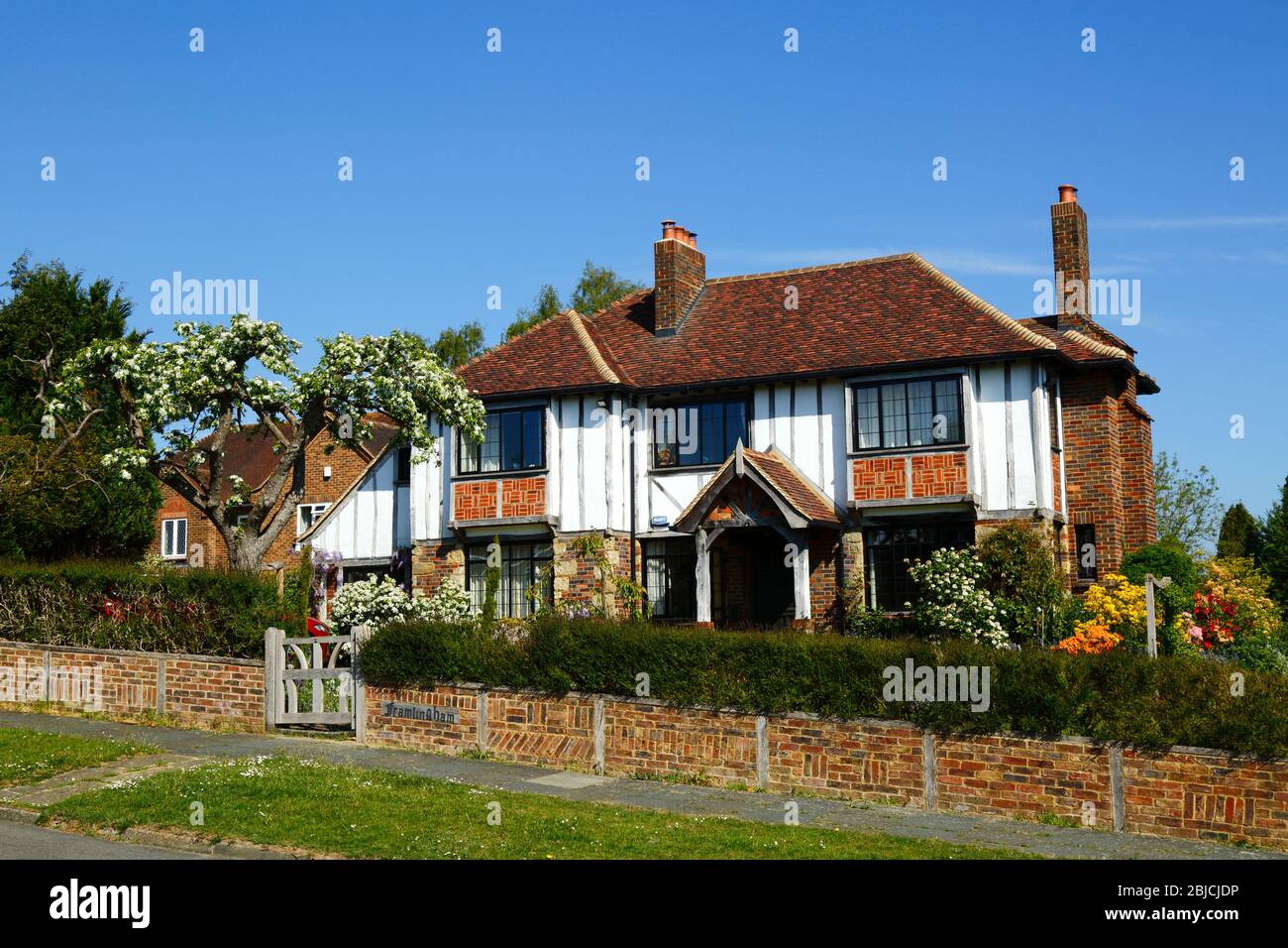 Casa indipendente in stile moderno Tudor in stile revival in zona residenziale di lusso in primavera, Bidborough Ridge, Kent, Inghilterra Foto Stock