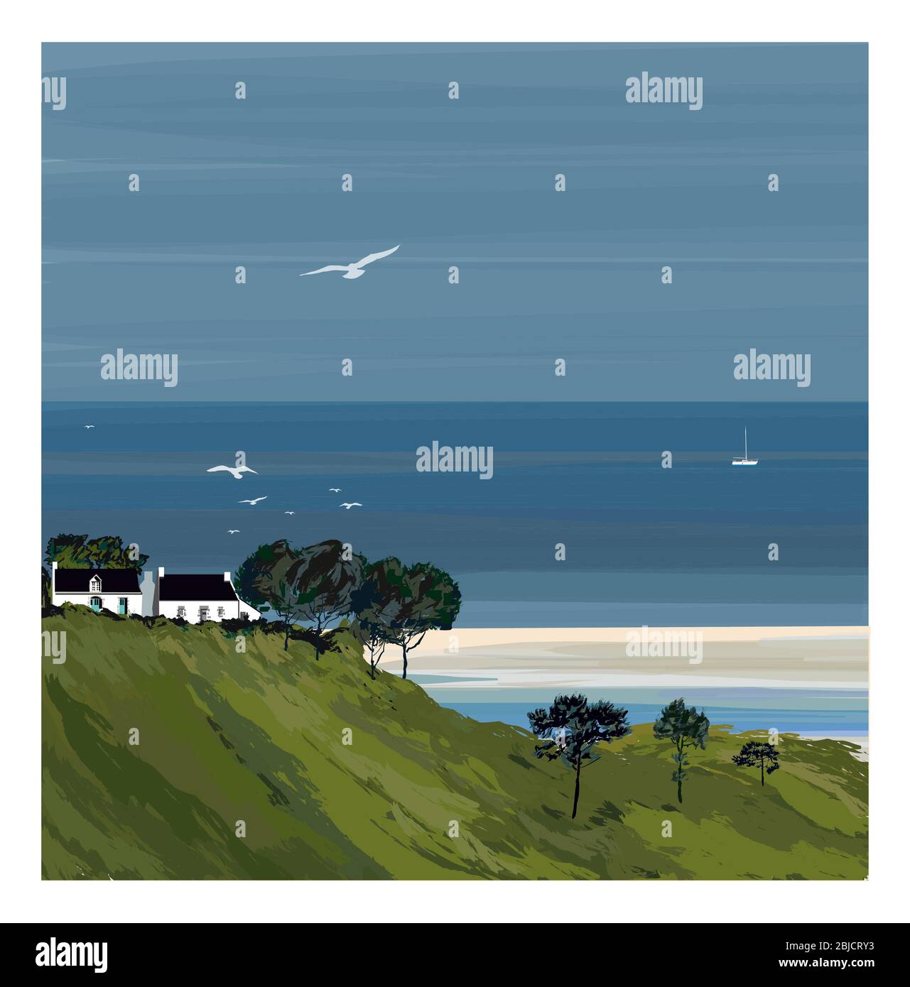 Illustrazione di un paesaggio costiero colorato in Bretagna Francia - illustrazione vettoriale (ideale per la stampa su tessuto o carta, poster o carta da parati, h Illustrazione Vettoriale