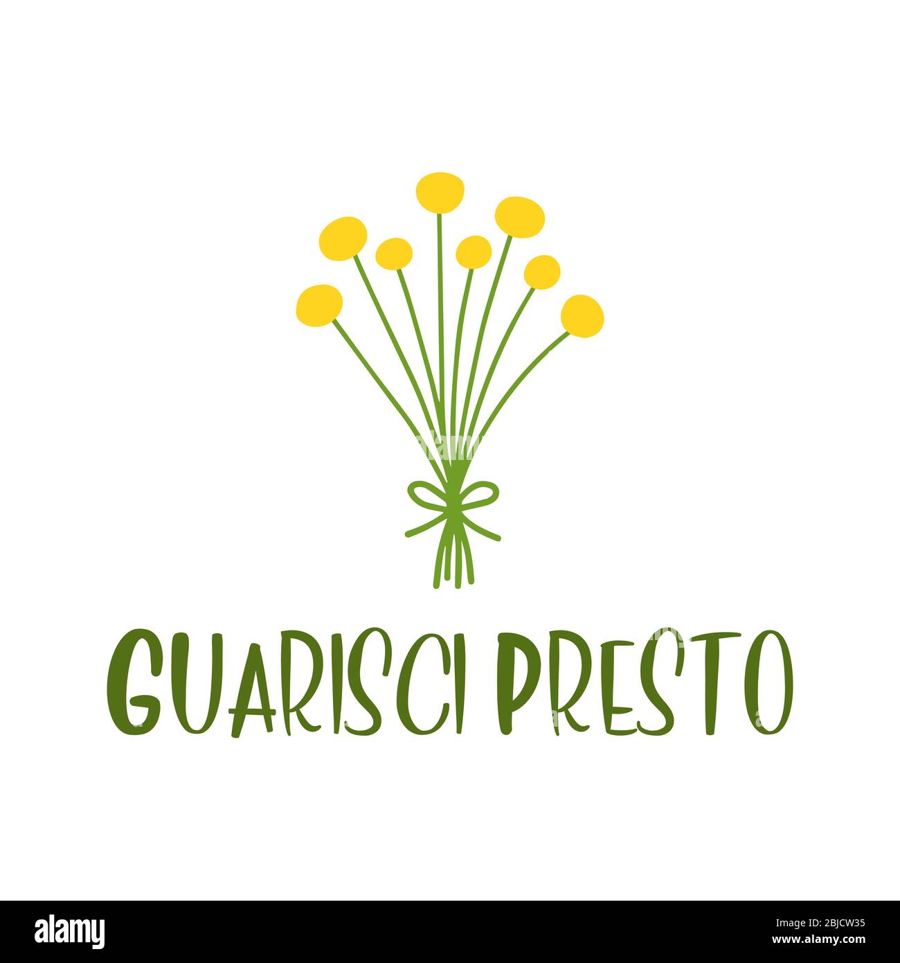 Guarisci presto citazione in italiano. Traduzione: Presto. Scritte per poster, etichette, adesivi, volantini, intestazione, cartellino, banner, intestazione. Illustrazione Vettoriale