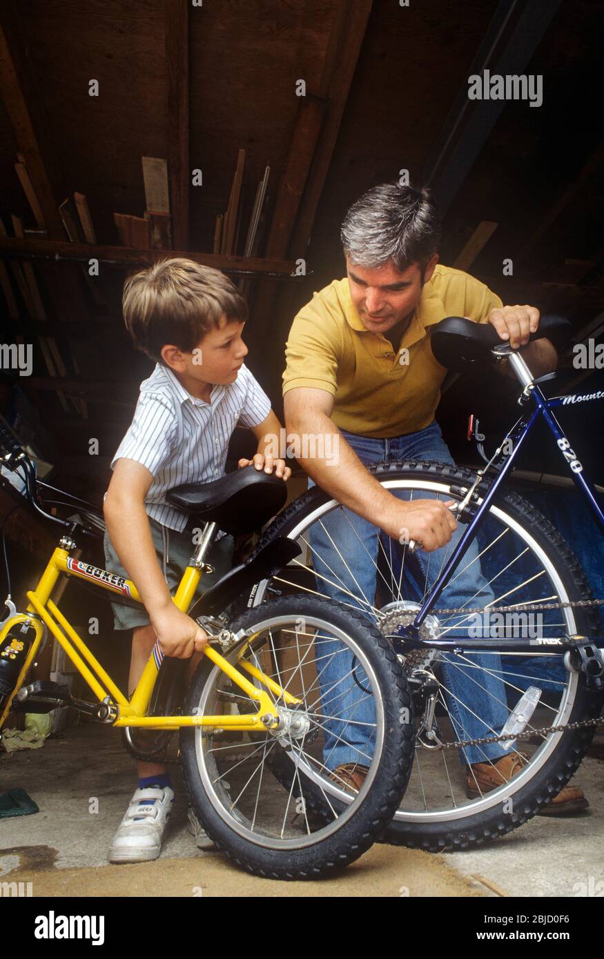 Ragazzo e bicicletta 4-6 anni con suo padre in casetta di deposito a casa, copiando alcuni suggeriti adeguamenti finali alla sua bicicletta. Padre e figlio insieme, crescere, imparare, legare, parenting, nutrire Foto Stock