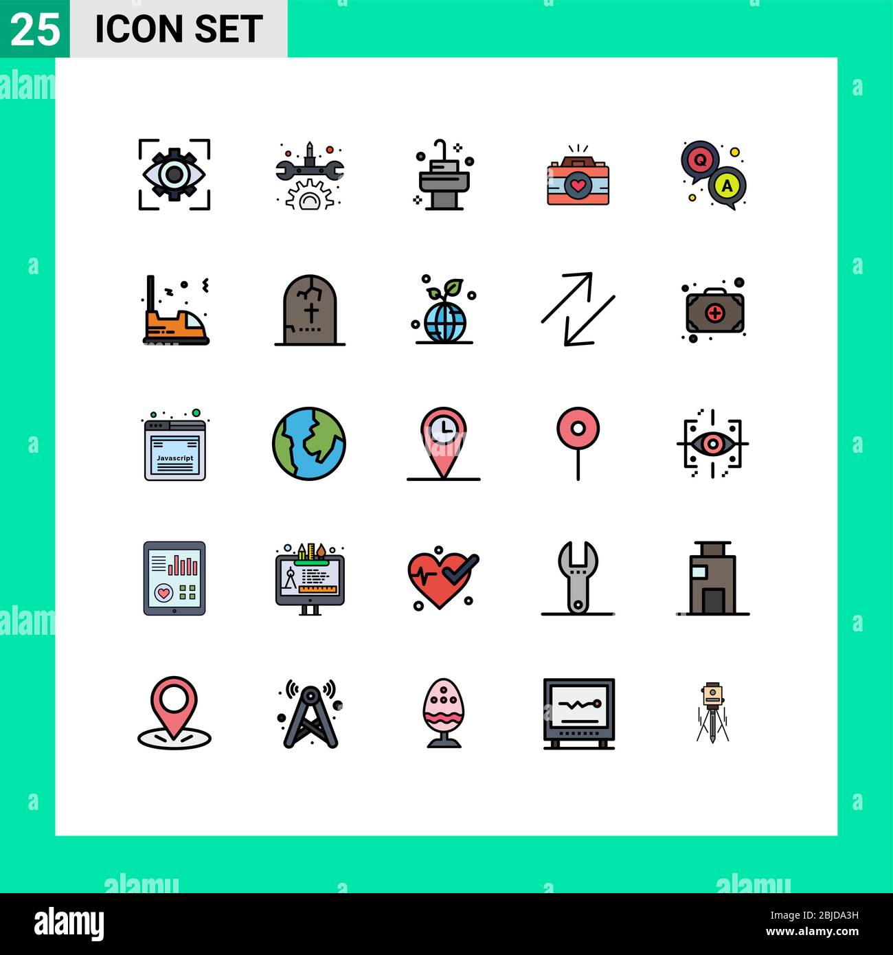 25 Universal Ffilled line segni di colore piatti simboli di q&a, coppia fotografia, sink, immagini, cam Editable Vector Design Elements Illustrazione Vettoriale
