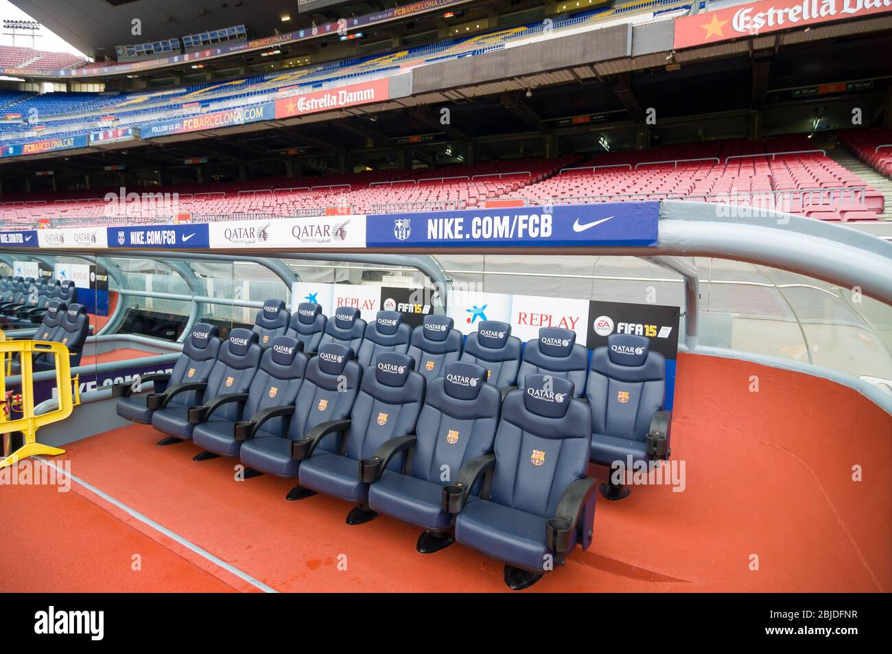 Barcellona, Spagna - 22 settembre 2014: La panchina del personale del FC Barcelona allo stadio Camp Nou Foto Stock