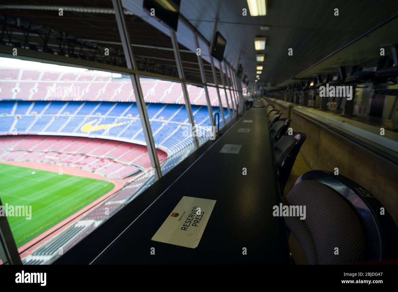 Barcellona, Spagna - 22 settembre 2014: Luoghi di stampa nello stadio del Nou Camp. Barcellona, Catalogna, Spagna. Foto Stock