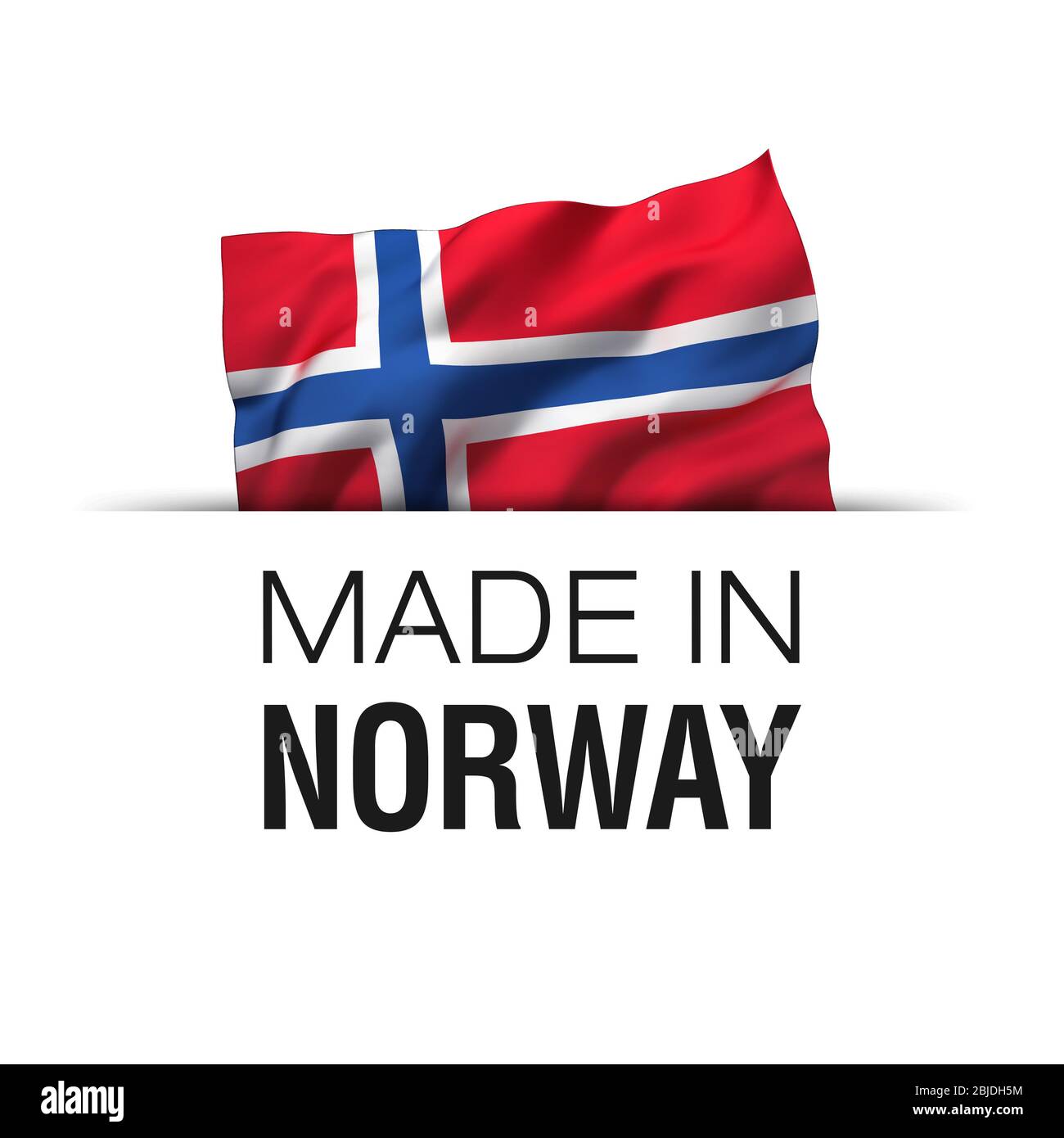 Made in Norway - etichetta di garanzia con bandiera norvegese ondulata. Foto Stock