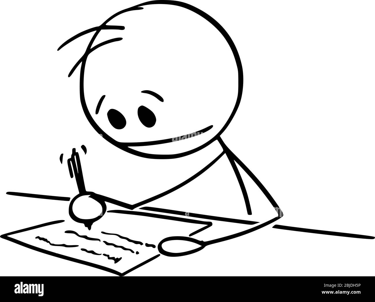 Figura del bastone del cartoon del vettore che disegnano l'illustrazione concettuale dell'uomo o dell'uomo d'affari che scrive o che manchi dalla penna sulla carta. Illustrazione Vettoriale