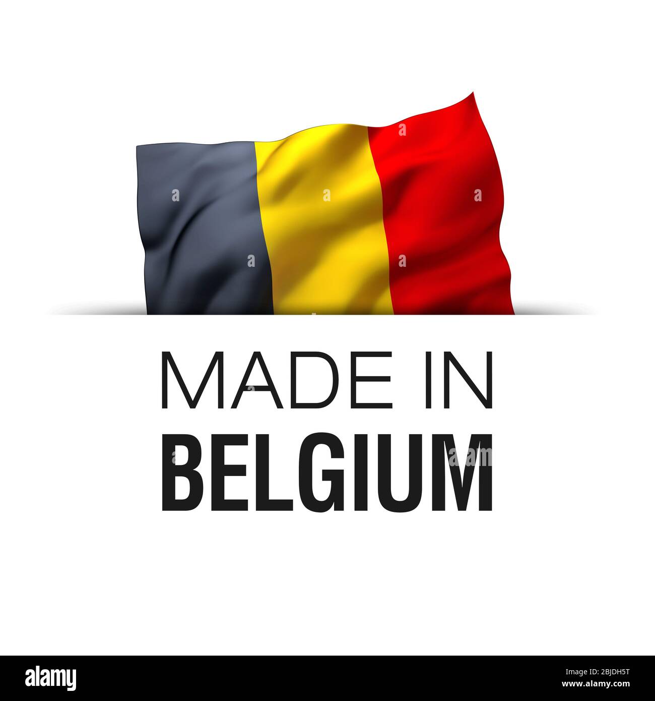 Made in Belgium - etichetta di garanzia con bandiera belga ondulata. Foto Stock