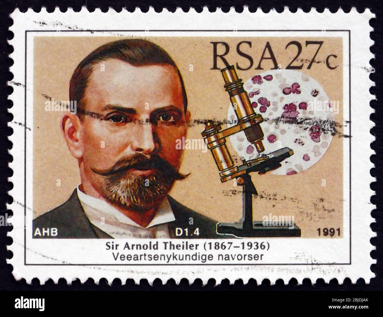 SUDAFRICA - CIRCA 1991: Un francobollo stampato in Sudafrica mostra Sir Arnold Theiler, veterinario, il Padre delle Scienze veterinarie in Sudafrica, c Foto Stock