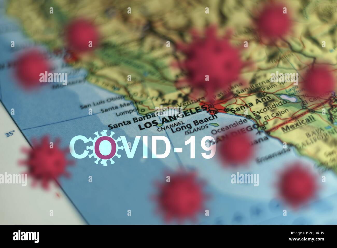 Focolaio di Covid-19 o nuovo virus Coronavirus, 2019-nCoV, sulla mappa degli Stati Uniti . Virus Covid 19-NCP: Contagio e propagazione della malattia a Los Angeles. Panoramica Foto Stock