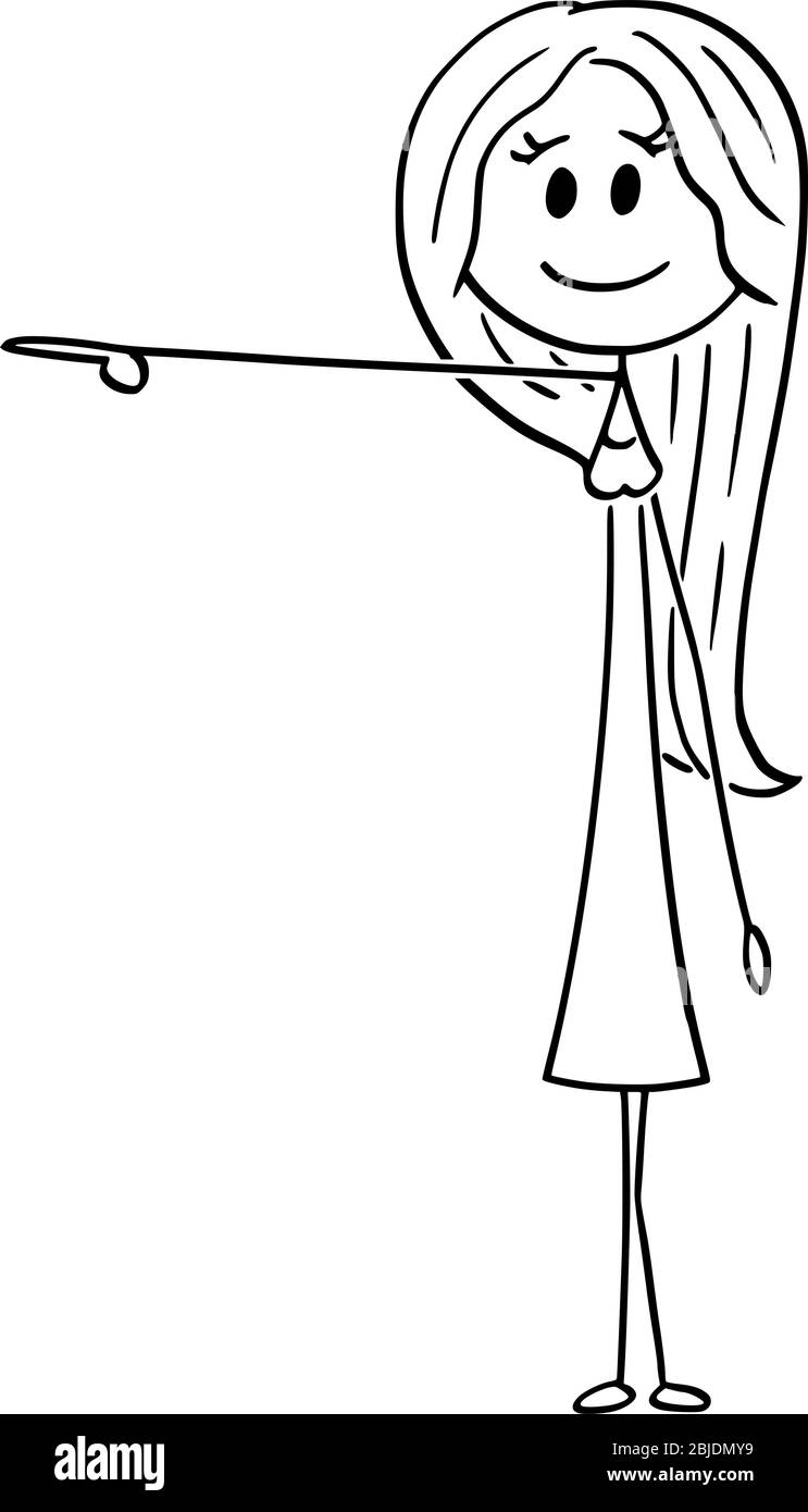 Figura del bastone del cartoon del vettore che disegnano l'illustrazione concettuale della giovane donna attraente che mostra o che punta qualcosa. Illustrazione Vettoriale