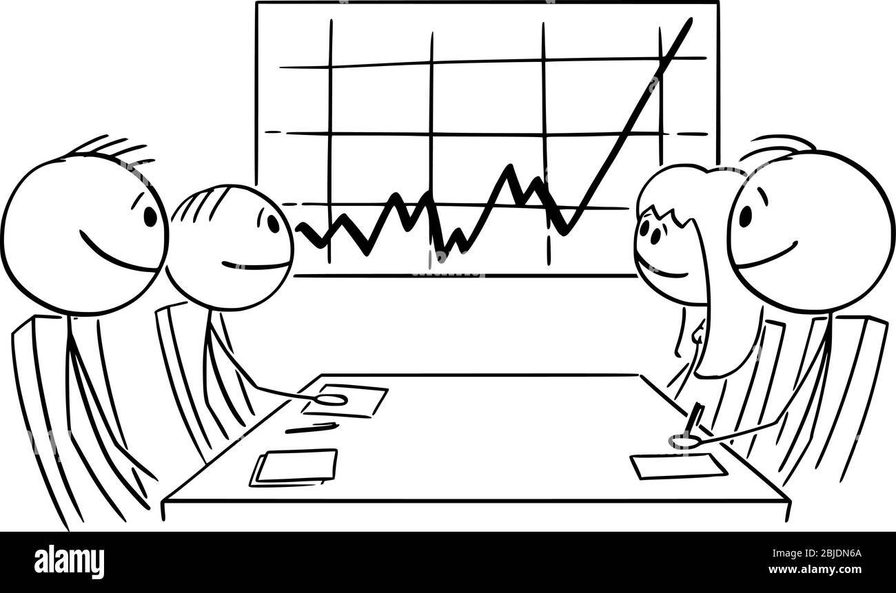 Figura del bastone del cartoon del vettore che disegna l'illustrazione concettuale della gente felice di affari sulla riunione che mostra il grafico finanziario o di profitto crescente. Concetto di crescita economica. Illustrazione Vettoriale