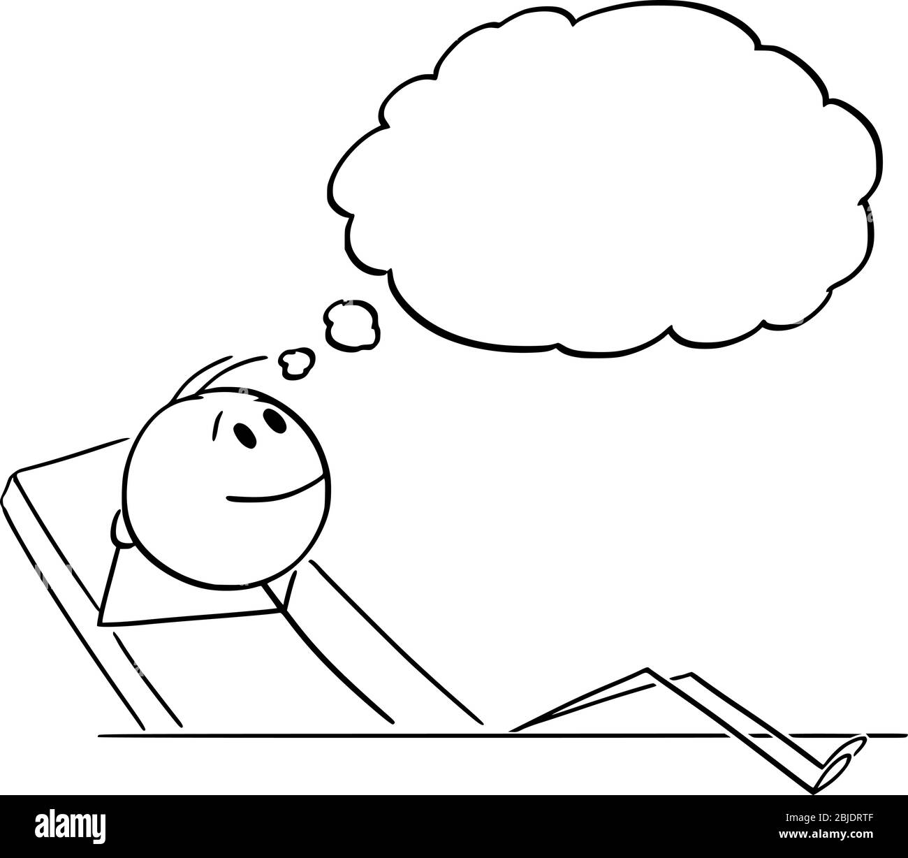 Figura del bastone del cartoon del vettore che disegnano l'illustrazione concettuale dell'uomo o dell'uomo d'affari che siede in ufficio con le gambe sulla tabella, pensando a qualcosa. Illustrazione Vettoriale