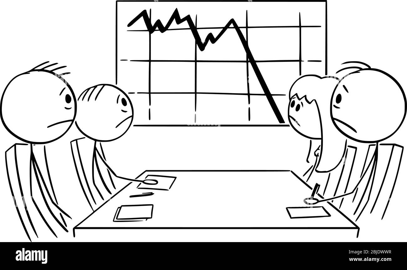 Figura del bastone del cartoon del vettore che disegna l'illustrazione concettuale di gente di affari infelice sulla riunione che mostra il grafico finanziario o di profitto cadente. Crisi o depressione concetto. Illustrazione Vettoriale