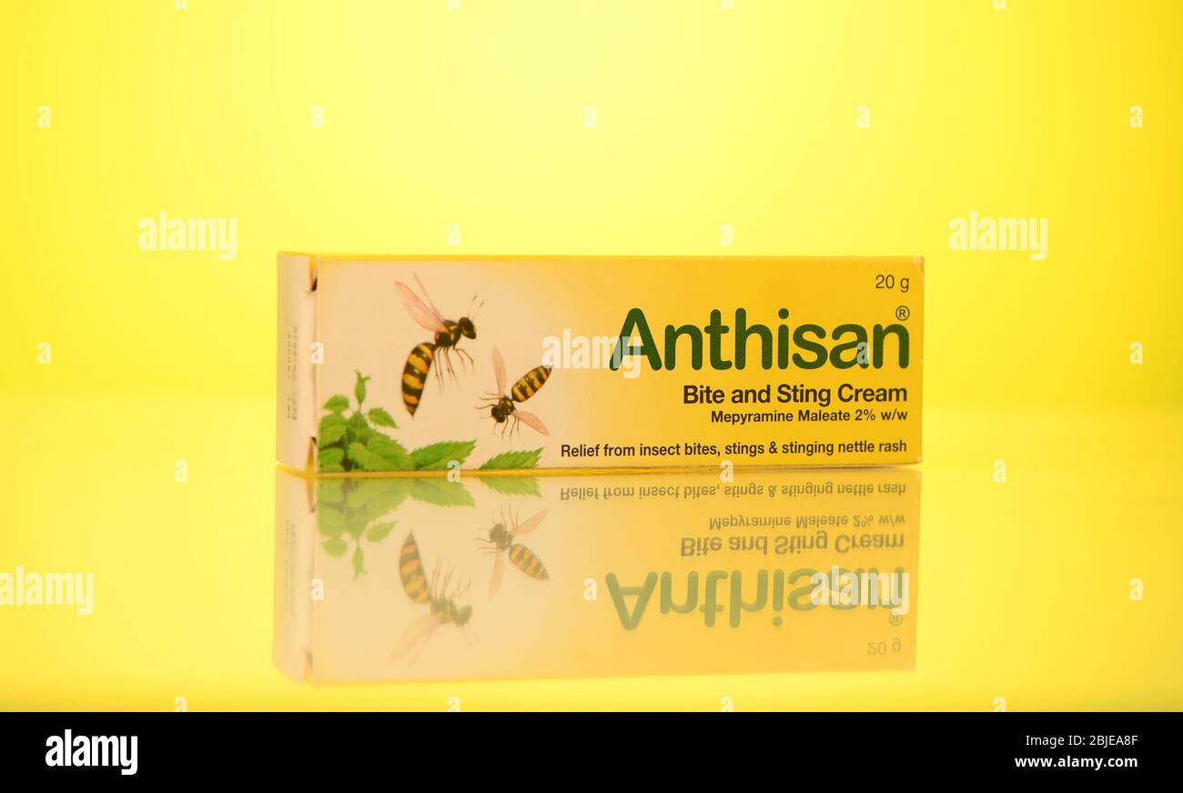 Pacchetto Anterisan con crema morso e pungente su sfondo giallo fotografato in studio con un riflesso. Foto Stock
