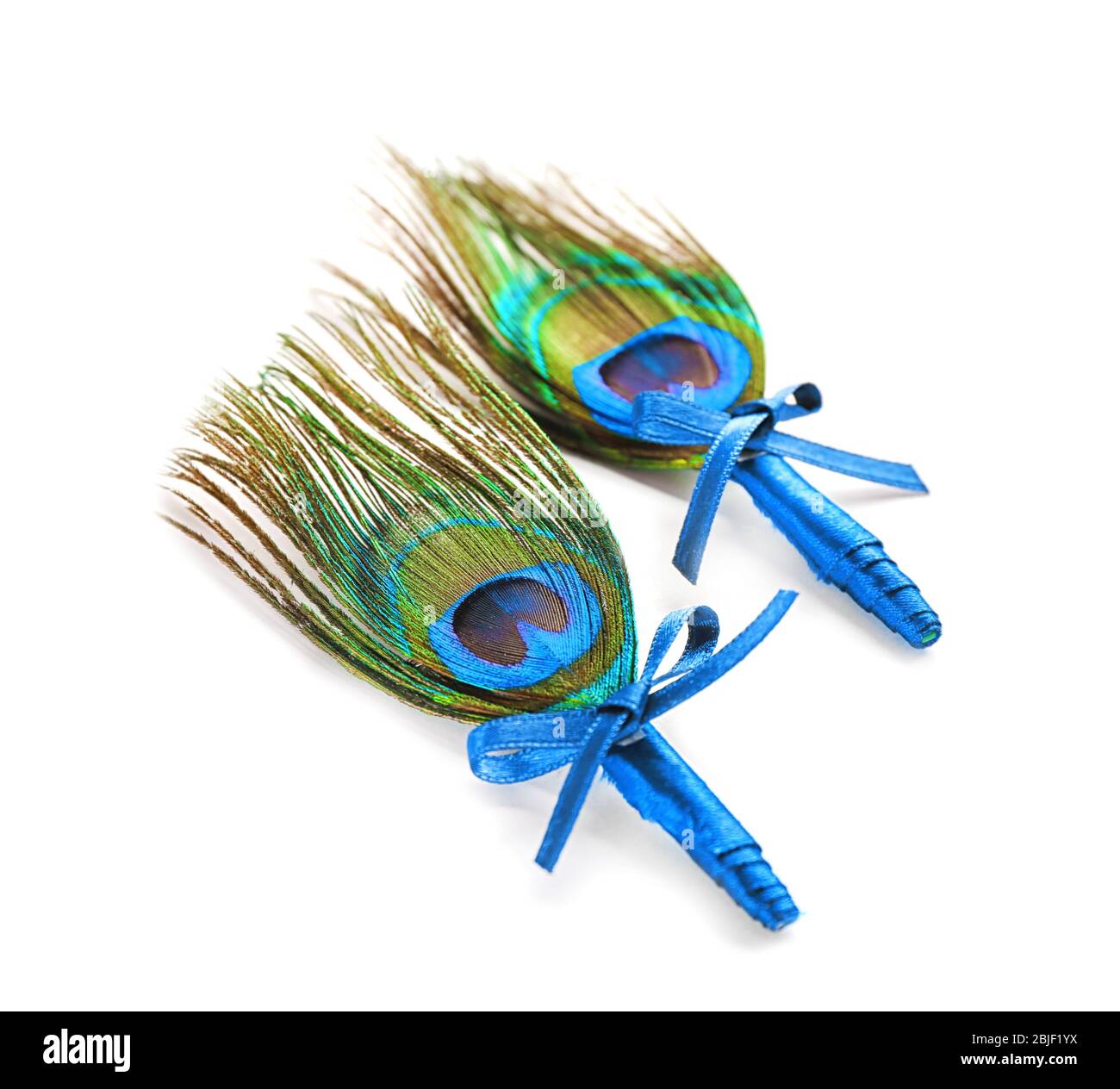 Wedding boutonnieres con peacock feather isolato su bianco Foto Stock