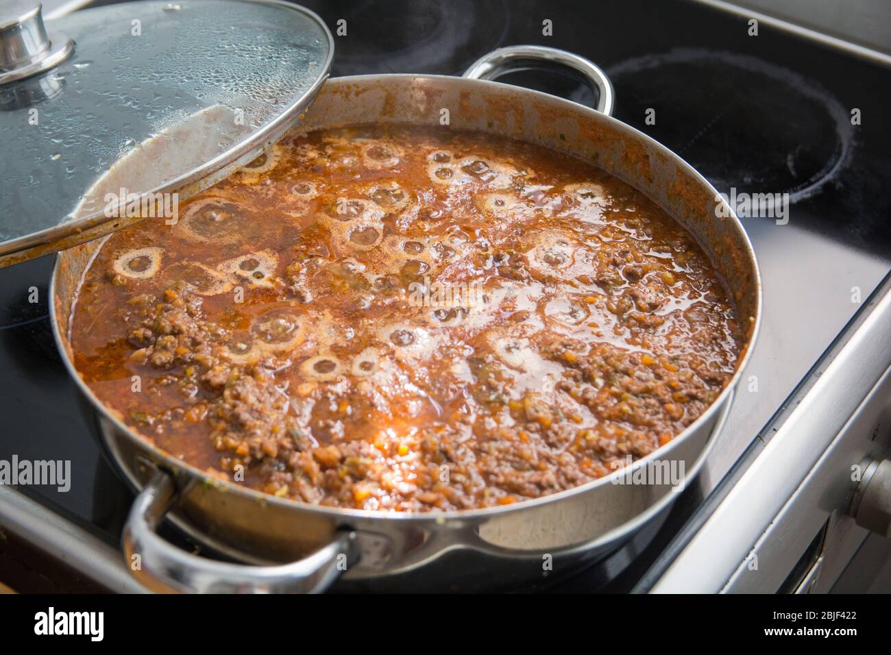 Vista dall'alto di una salsa bolognese fatta in casa (Ragù alla bolognese) con basilico fresco (Basilio d'Ocimum) in una pentola. Foto Stock