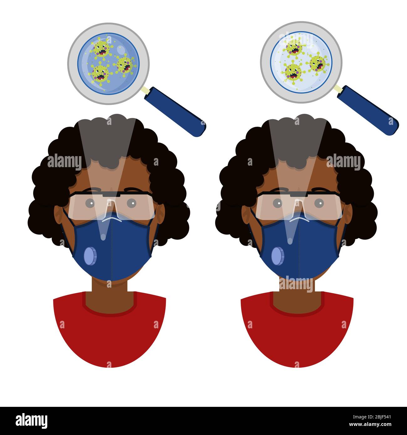 Donna africana che indossa due tipi di maschere (maschera chirurgica facciale e respiratore N95) contaminata da virus arrabbiato cartoon. Illustrazione Vettoriale