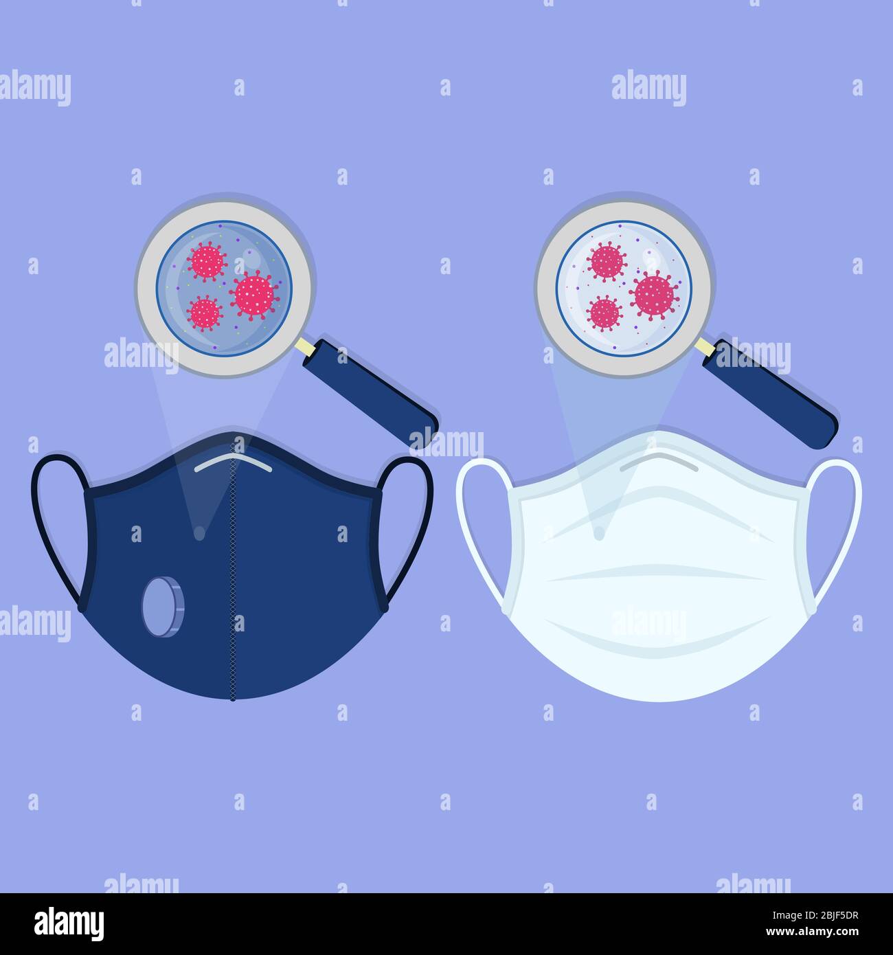 Due tipi di maschere mediche: Maschera chirurgica facciale e respiratore N95. Virus che contamina le maschere e che è ingrandito dalla lente di ingrandimento. Illustrazione Vettoriale