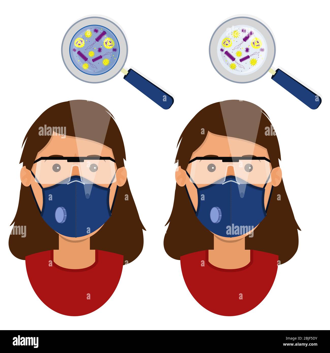 Donna bianca che indossa due tipi di maschere (maschera chirurgica facciale e respiratore N95) contaminate da microrganismo. Illustrazione Vettoriale