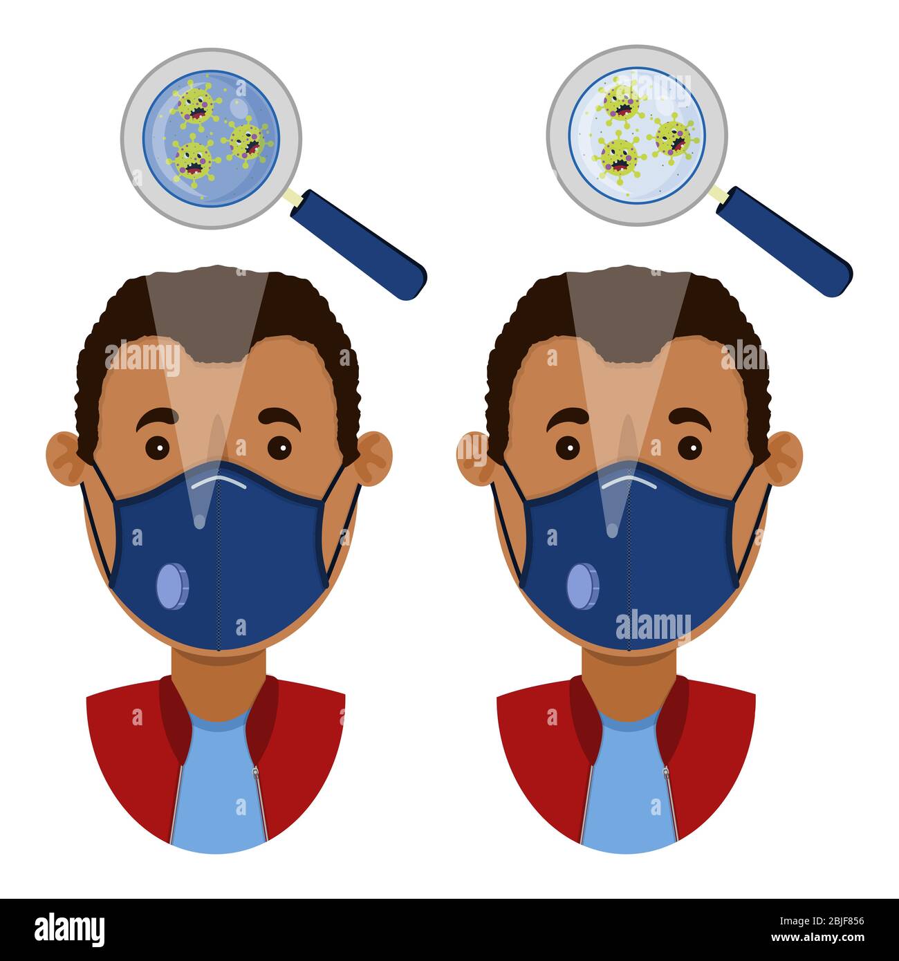 Uomo africano che indossa due tipi di maschere (maschera chirurgica facciale e respiratore N95) contaminato con virus arrabbiato cartoon. Illustrazione Vettoriale