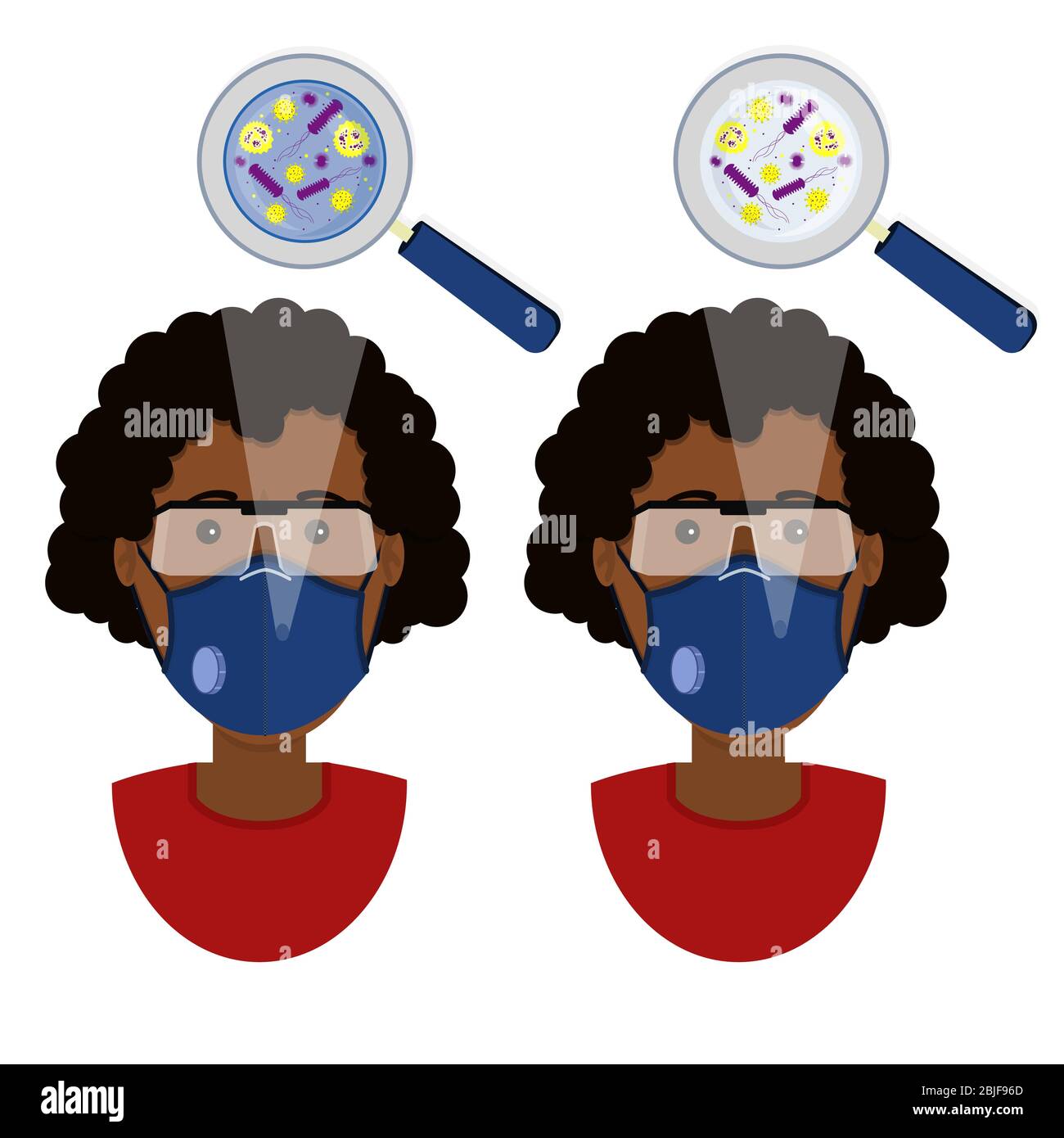 Donna africana che indossa due tipi di maschere (maschera chirurgica facciale e respiratore N95) contaminate da microrganismo. Illustrazione Vettoriale