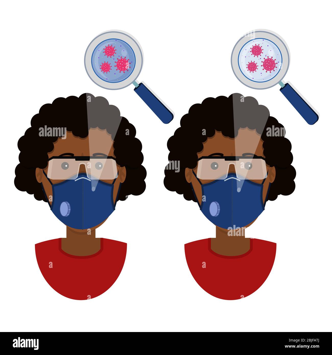 Donna africana che indossa due tipi di maschere (maschera chirurgica facciale e respiratore N95) contaminata dal virus. Illustrazione Vettoriale