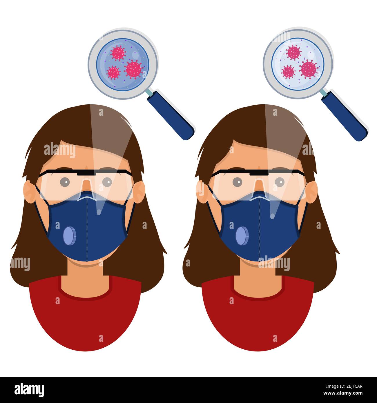 Donna bianca che indossa due tipi di maschere (maschera chirurgica facciale e respiratore N95) contaminate dal virus. Illustrazione Vettoriale