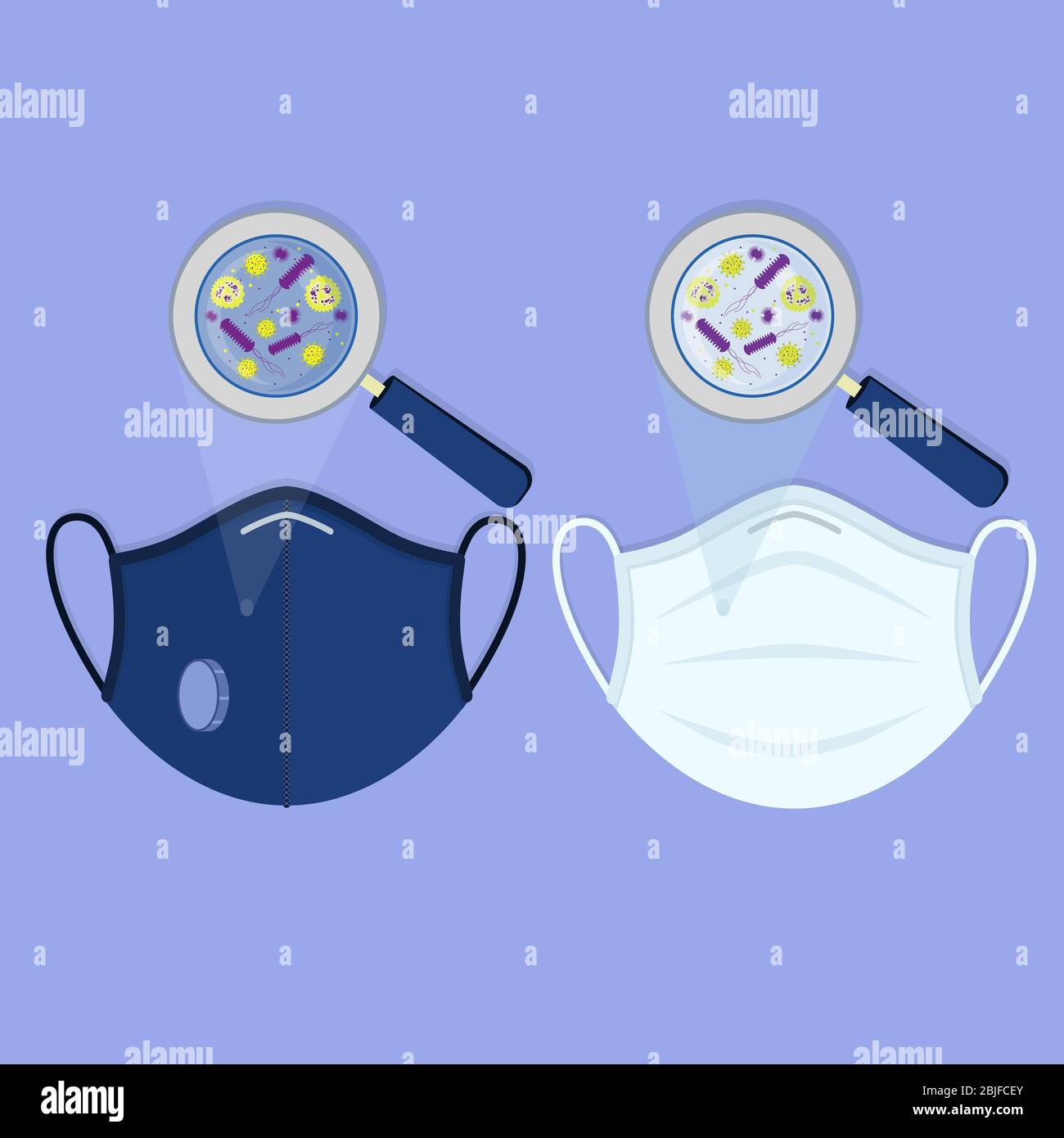 Due tipi di maschere mediche: Maschera chirurgica facciale e respiratore N95. Microbi, batteri e germi contaminano le maschere e vengono ingranditi dal magn Illustrazione Vettoriale