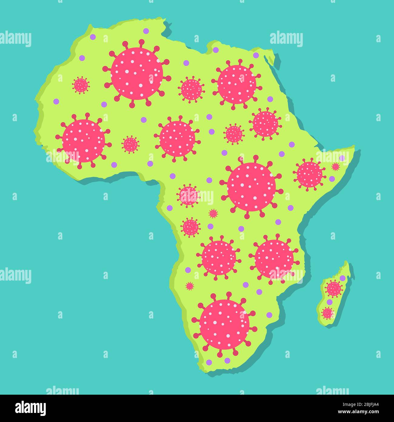 Mappa dell'Africa con virus. Epidemia di coronavirus nel continente africano. Concettuale. Illustrazione Vettoriale