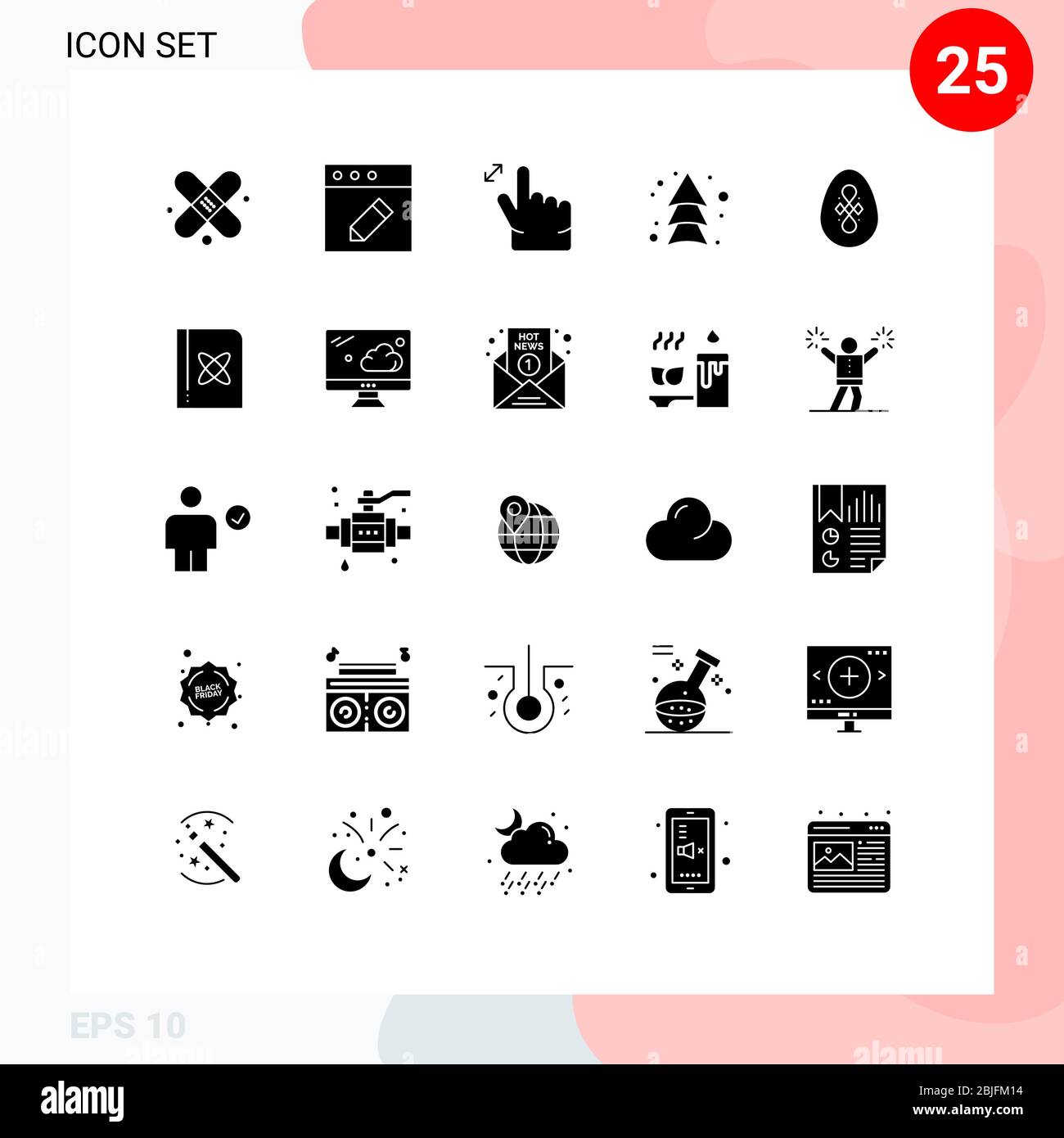25 Solid Glyph Concept per siti web Mobile e Apps book, pasqua, zoom, decorazione, direzione elementi di progettazione vettoriale editabili Illustrazione Vettoriale
