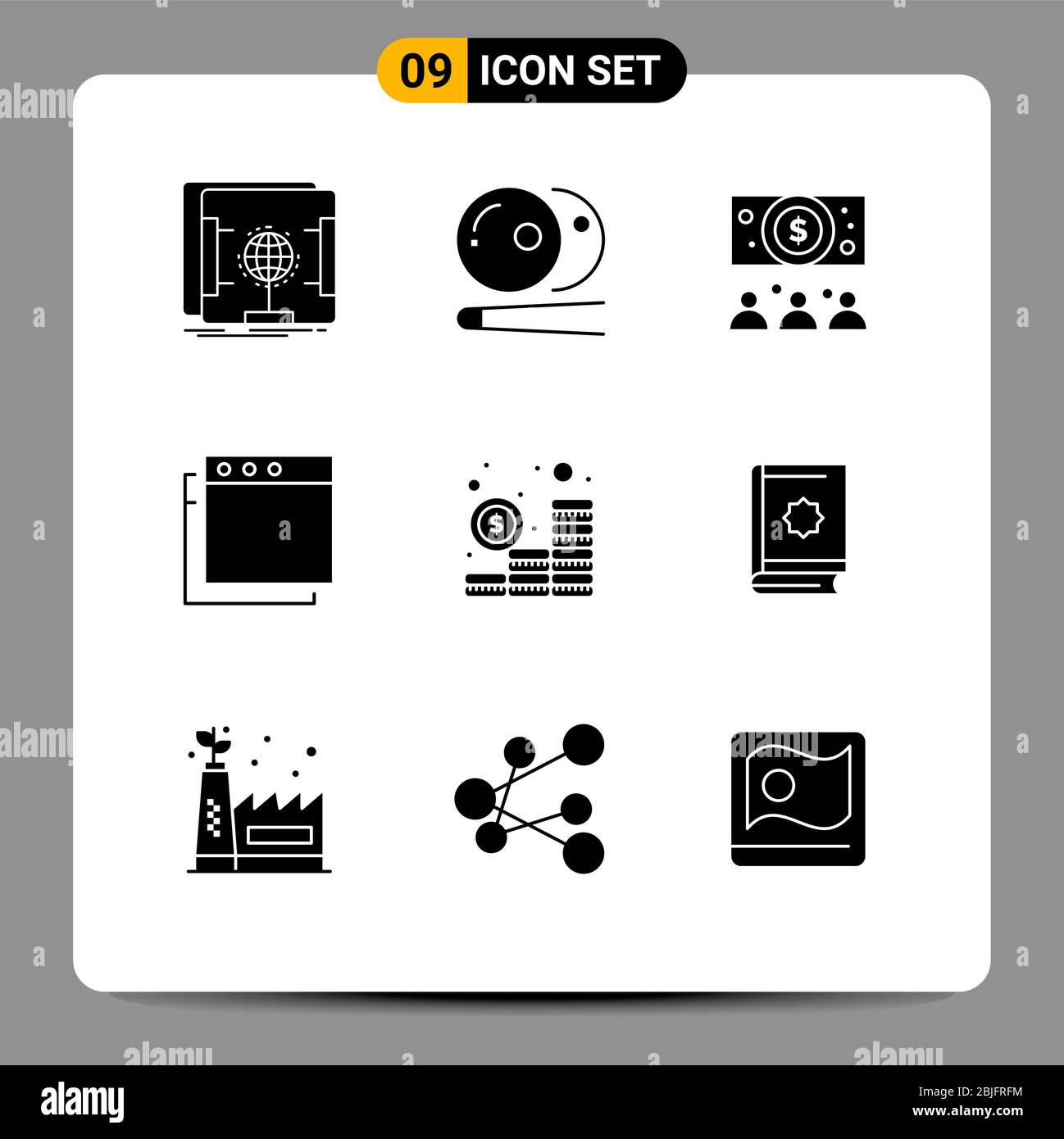 Confezione da 9 solidi glifi creativi di quran, denaro, business, investimento, elementi di progettazione vettoriale per mac Illustrazione Vettoriale