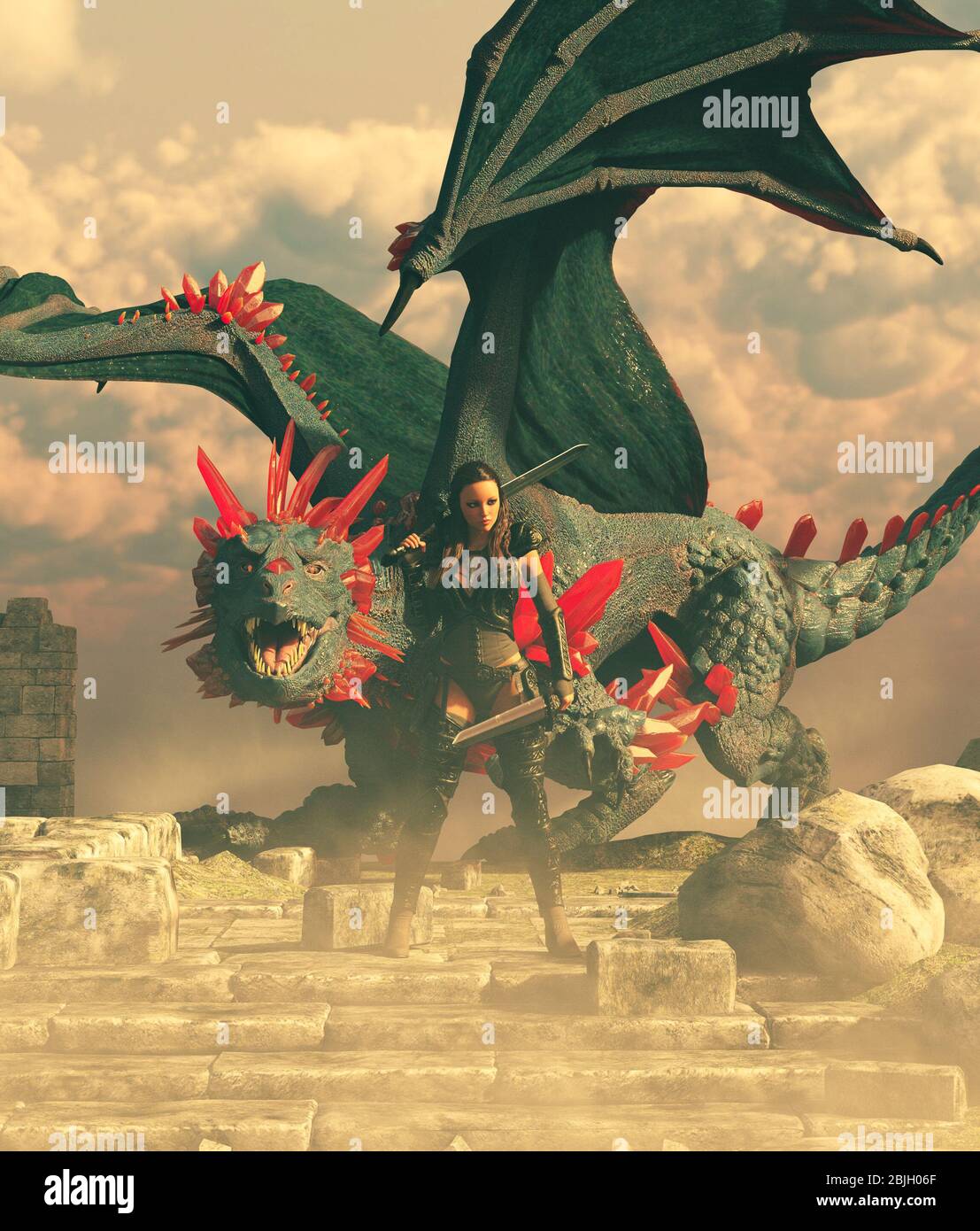 Una guerriera con un drago,fantasy rendering 3d per la copertina del libro o illustrazione del libro Foto Stock