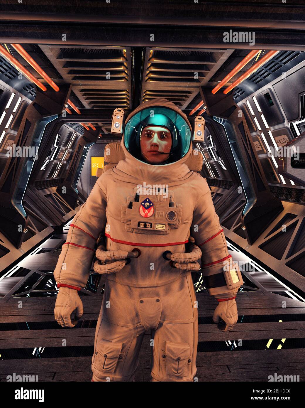 astronauta in astronave, rendering 3d del concetto fantascientifico Foto Stock