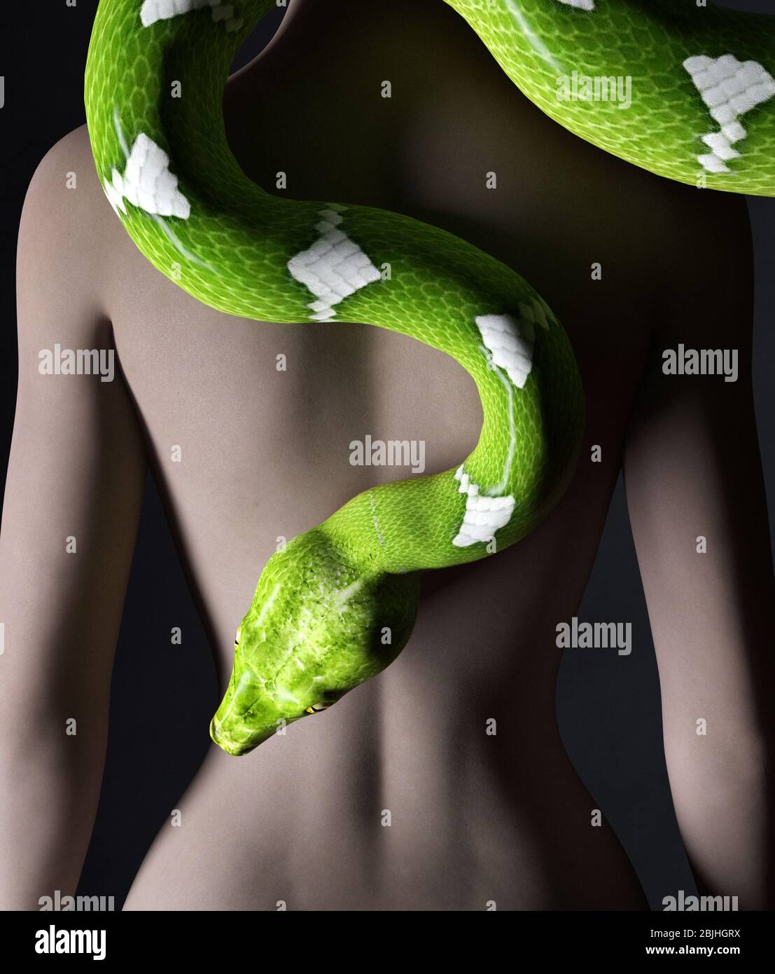 Donna con python verde albero, rendering 3d Foto Stock
