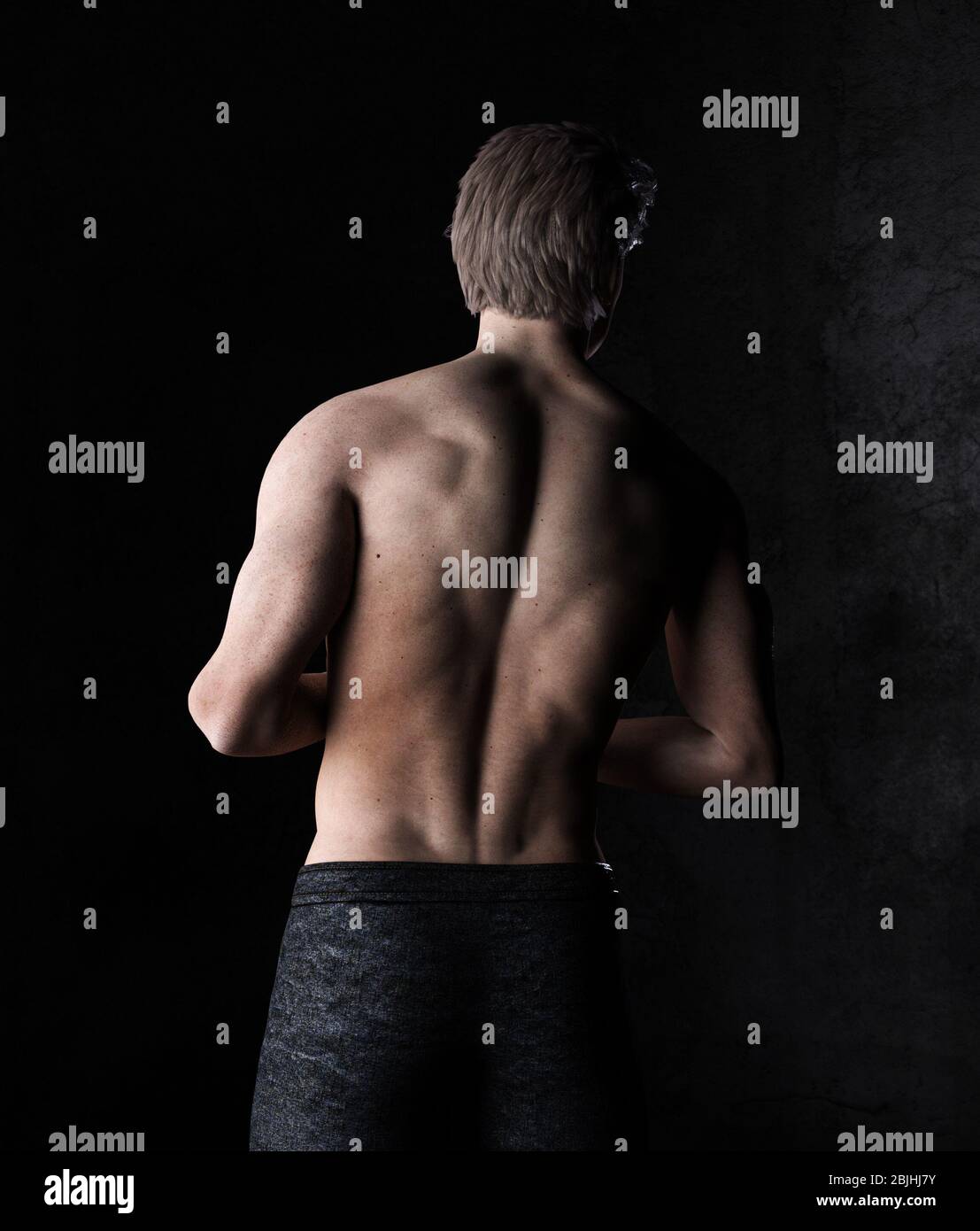 Vista posteriore di uomo sexy shirtless, rendering 3d, figura 3d Foto Stock