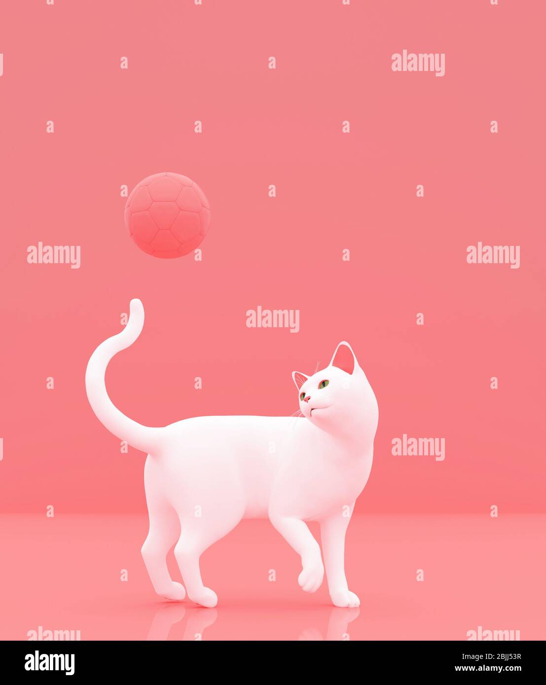 Gatto giocare con palla da calcio su sfondo color pastello, sfondo concettuale stile minimal, rendering 3d Foto Stock