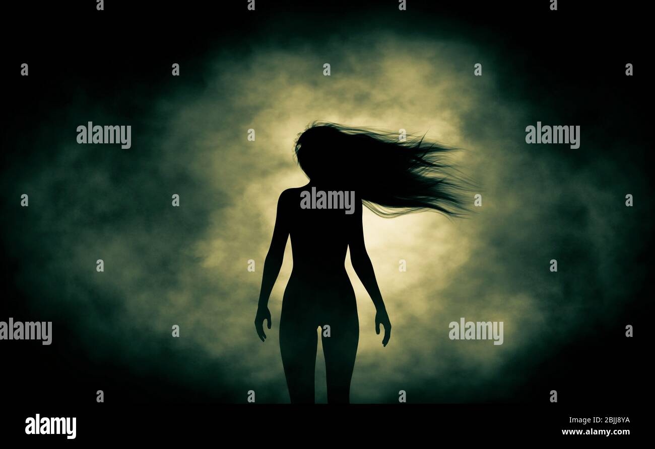 Vista posteriore della silhouette fantasma donna che cammina al buio, rendering 3d Foto Stock